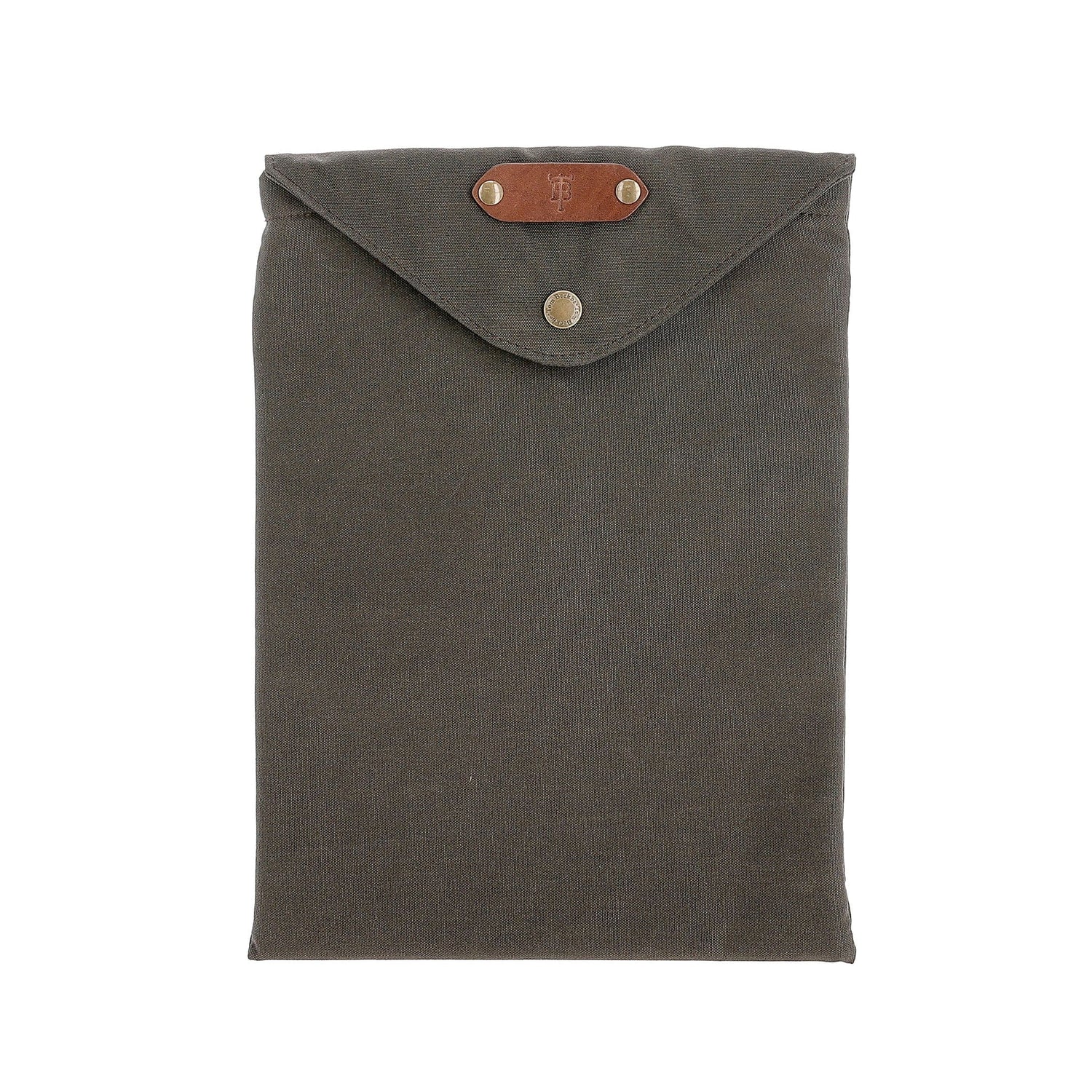 The Canvas Portfolio by Tom Beckbe is an olive green pouch with a button closure, leather detail, and waxed cotton.