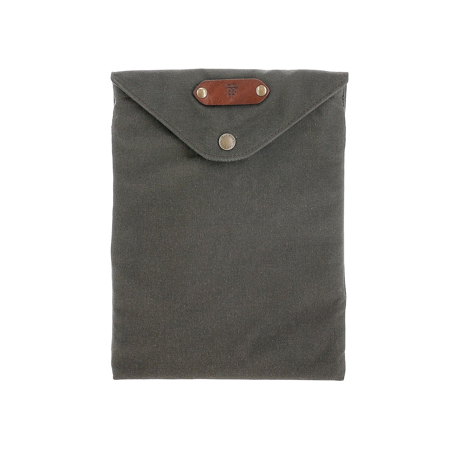 A Tom Beckbe Canvas Portfolio with a dark green waxed cotton pouch, button flap, and brown leather rivets.