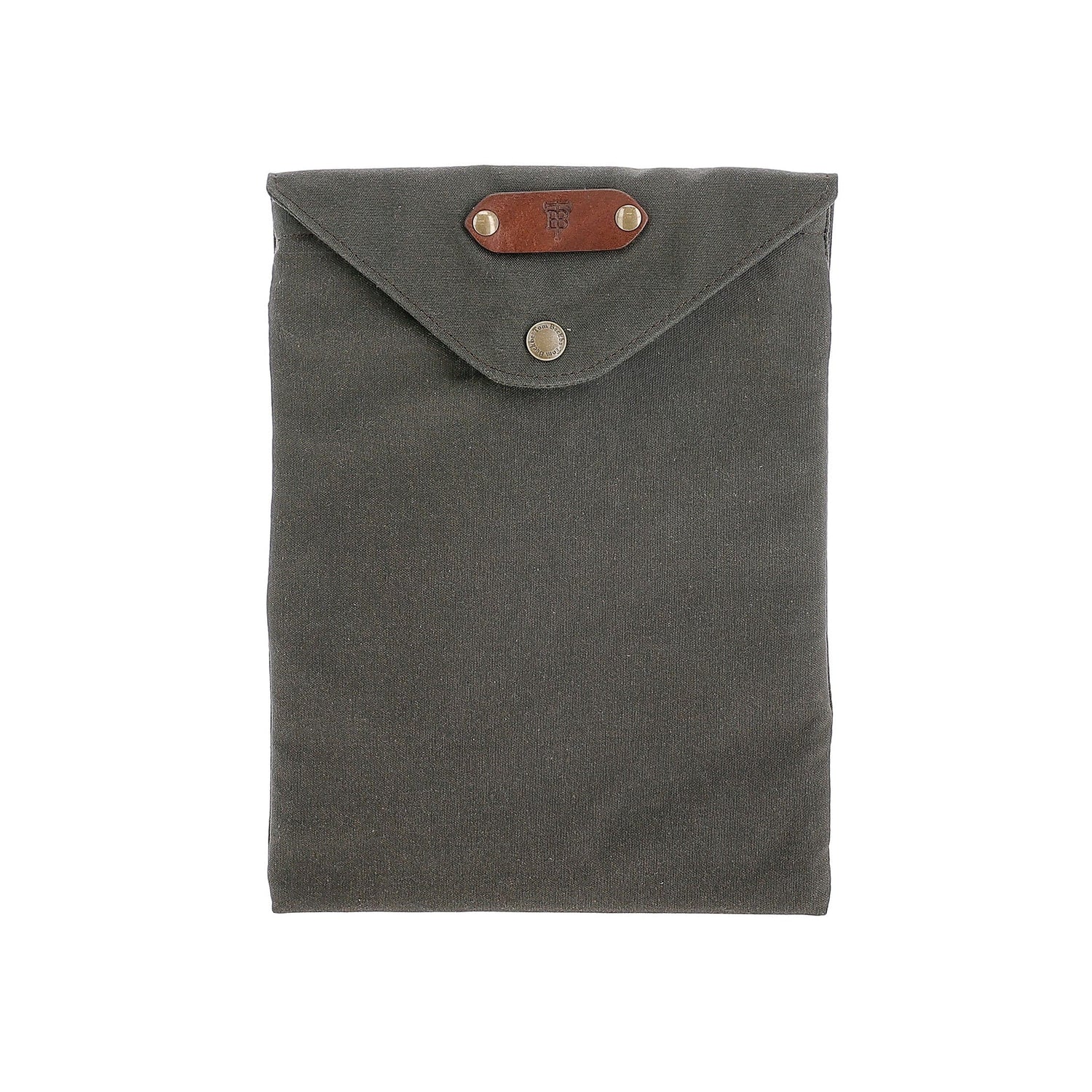 A Tom Beckbe Canvas Portfolio with a dark green waxed cotton pouch, button flap, and brown leather rivets.