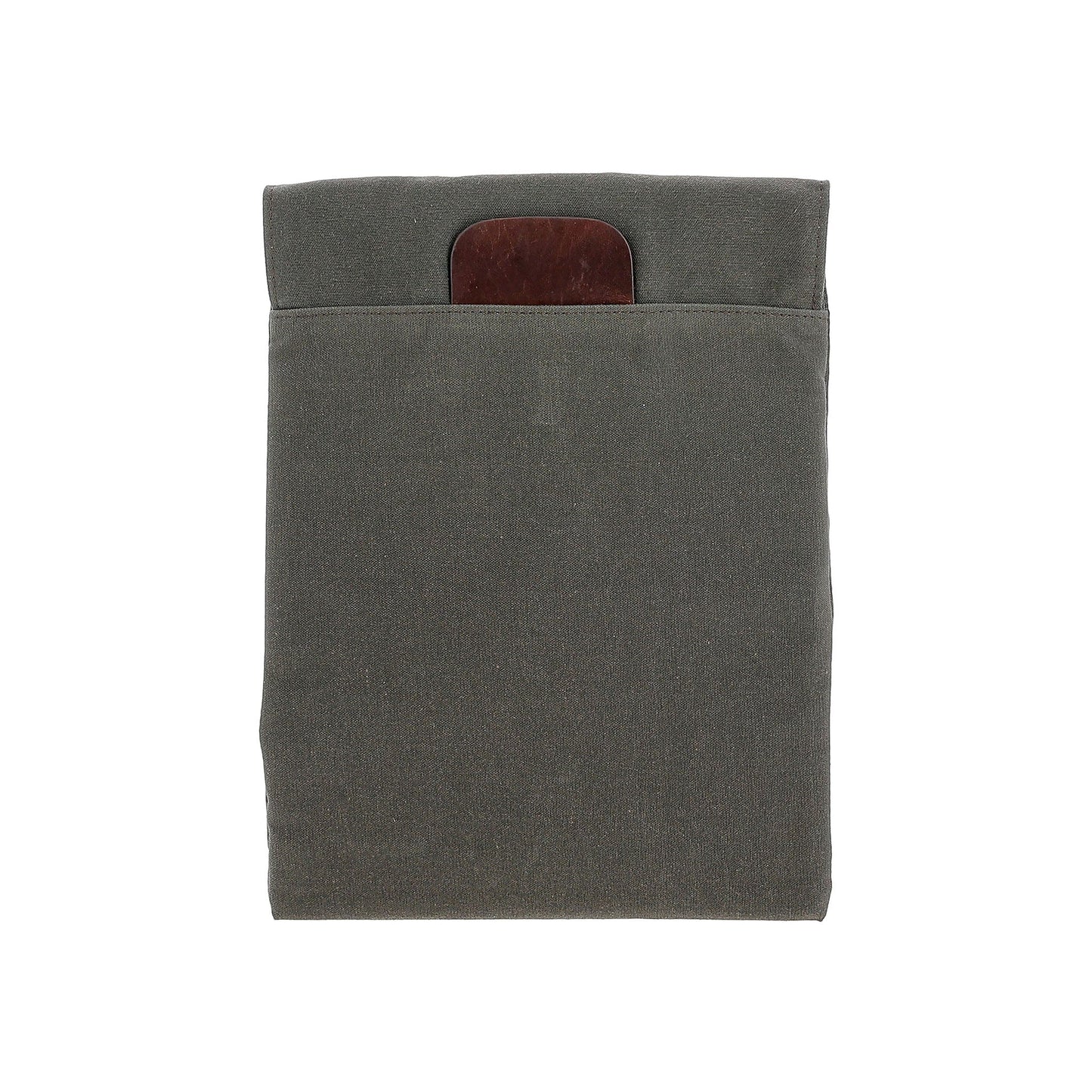 Tom Beckbe Canvas Portfolio: Gray sleeve with pocket & brown leather accent for versatile organization, on white.