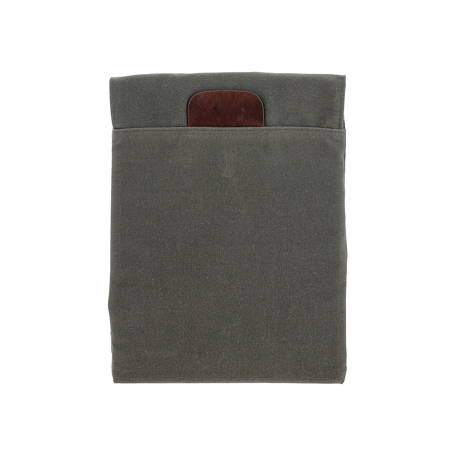 Tom Beckbe Canvas Portfolio: Gray sleeve with pocket & brown leather accent for versatile organization, on white.