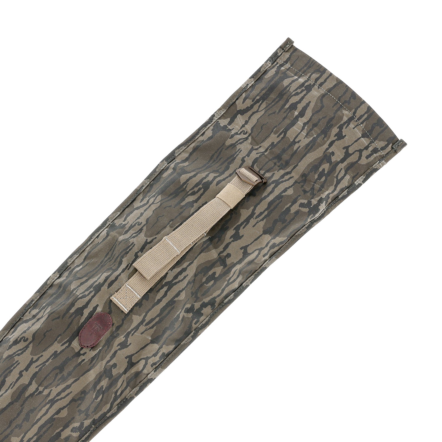 Tom Beckbe Canvas Roll Top Gun Sleeve in Mossy Oak Original Bottomland with beige strap and brown leather accent.