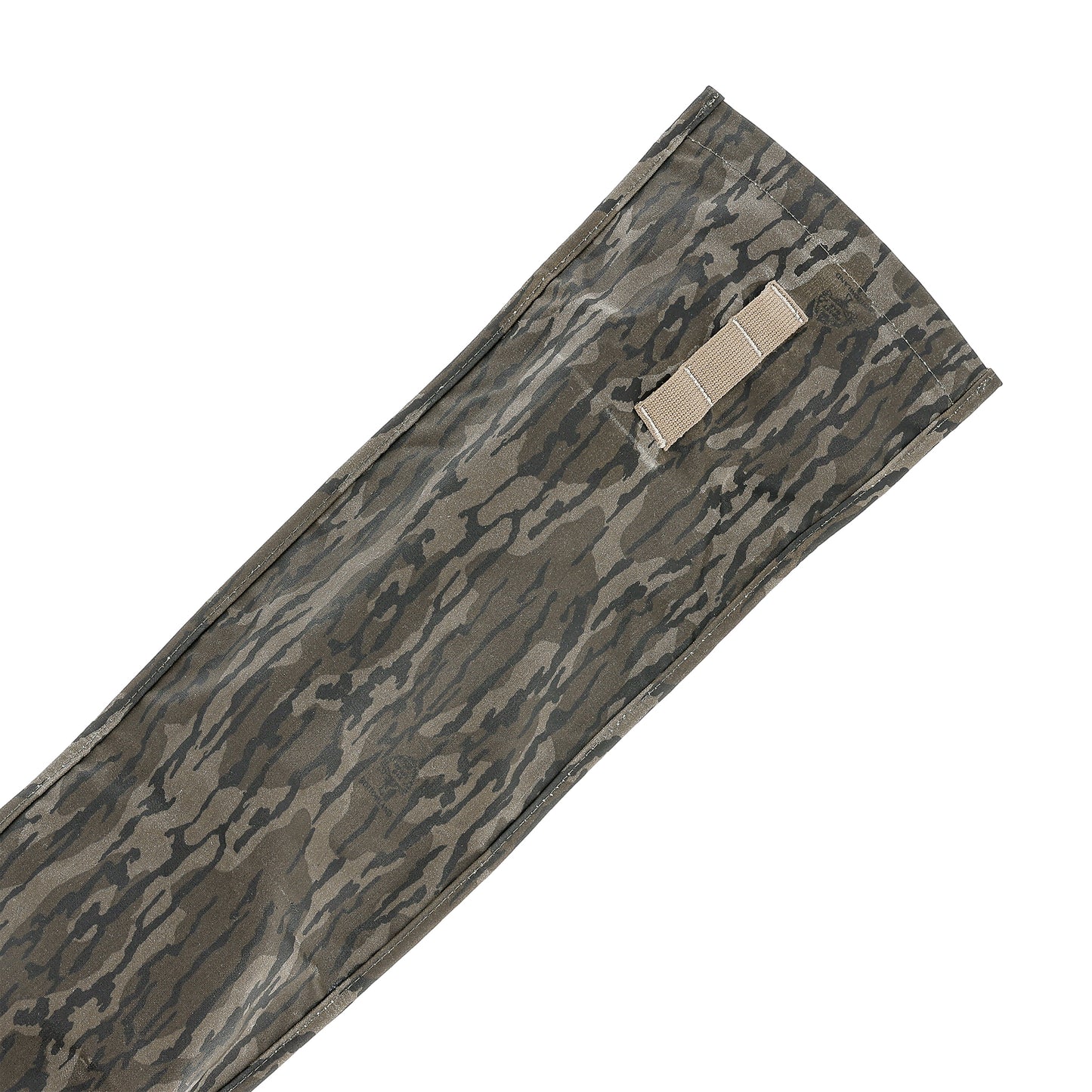 A close-up of the Tom Beckbe Canvas Roll Top Gun Sleeve in Mossy Oak Original Bottomland with a tan strap detail.