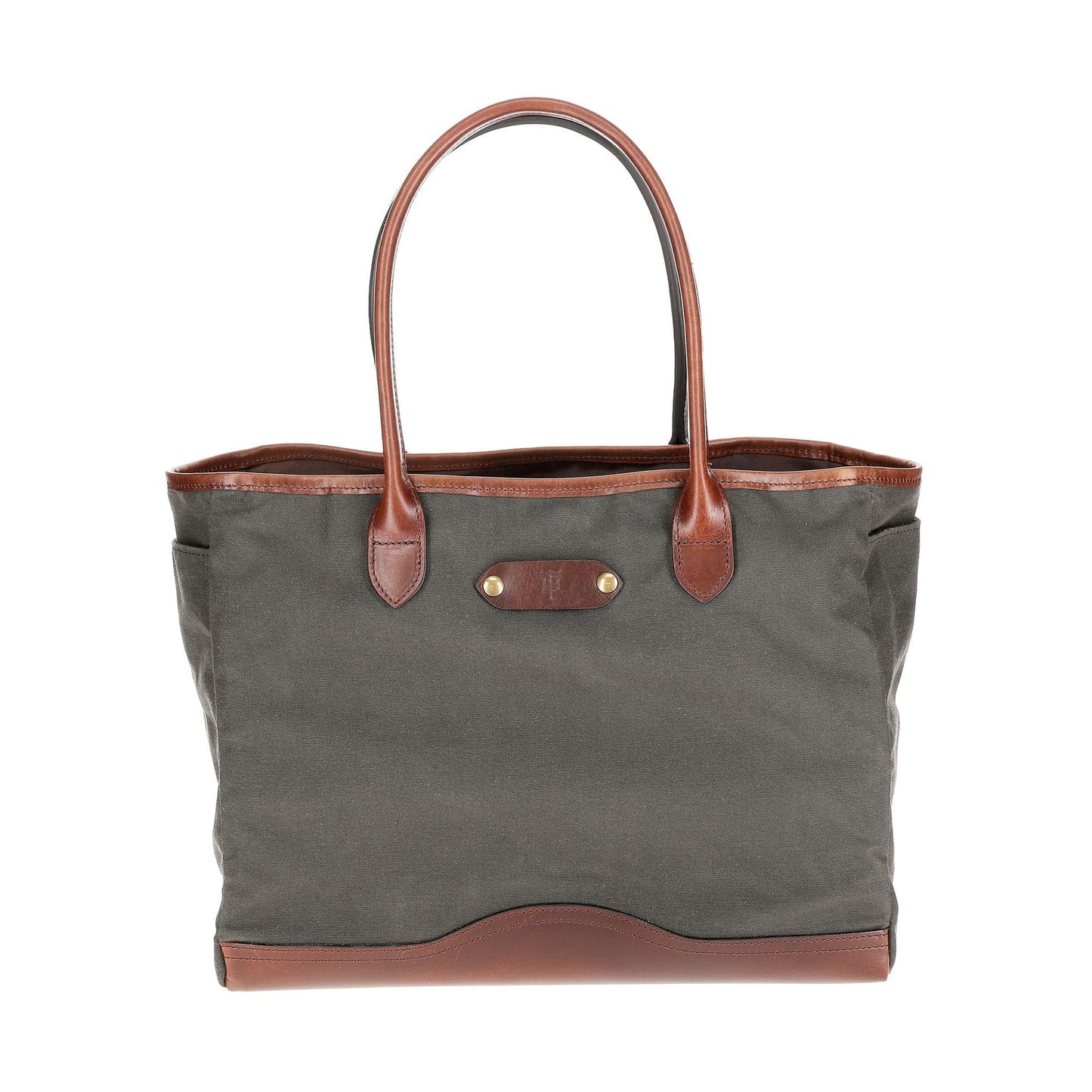 A Tom Beckbe green waxed Canvas Tote with leather handles on a white background.