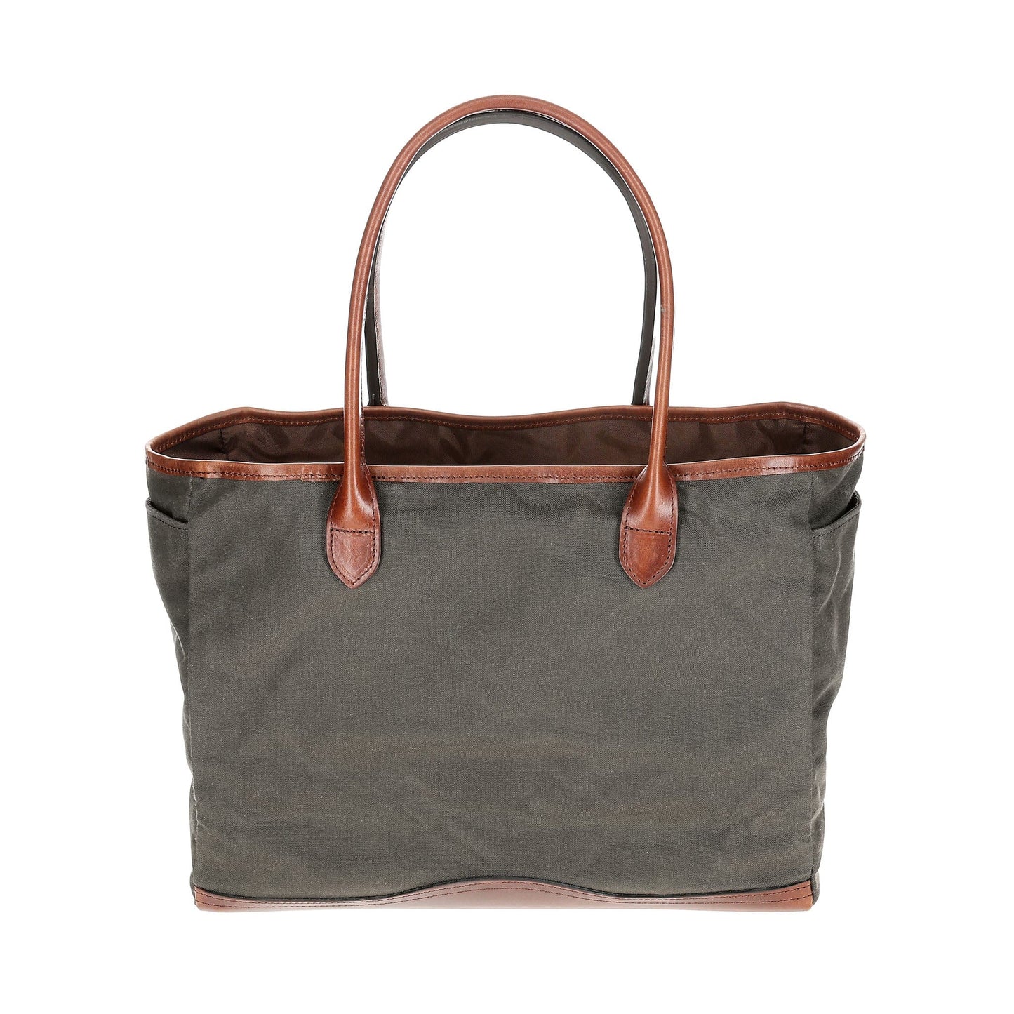 Tom Beckbe Canvas Tote with leather handles and trim, front view.