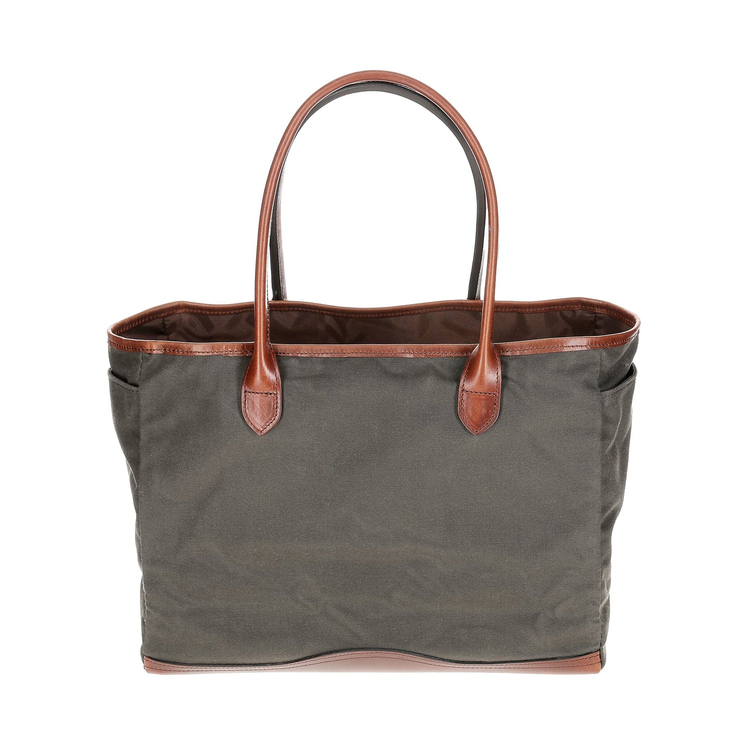 Tom Beckbe Canvas Tote with leather handles and trim, front view.