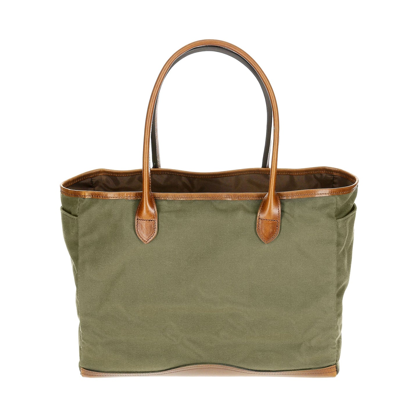 A green waxed Canvas Tote by Tom Beckbe with brown leather handles, standing upright against a white background.