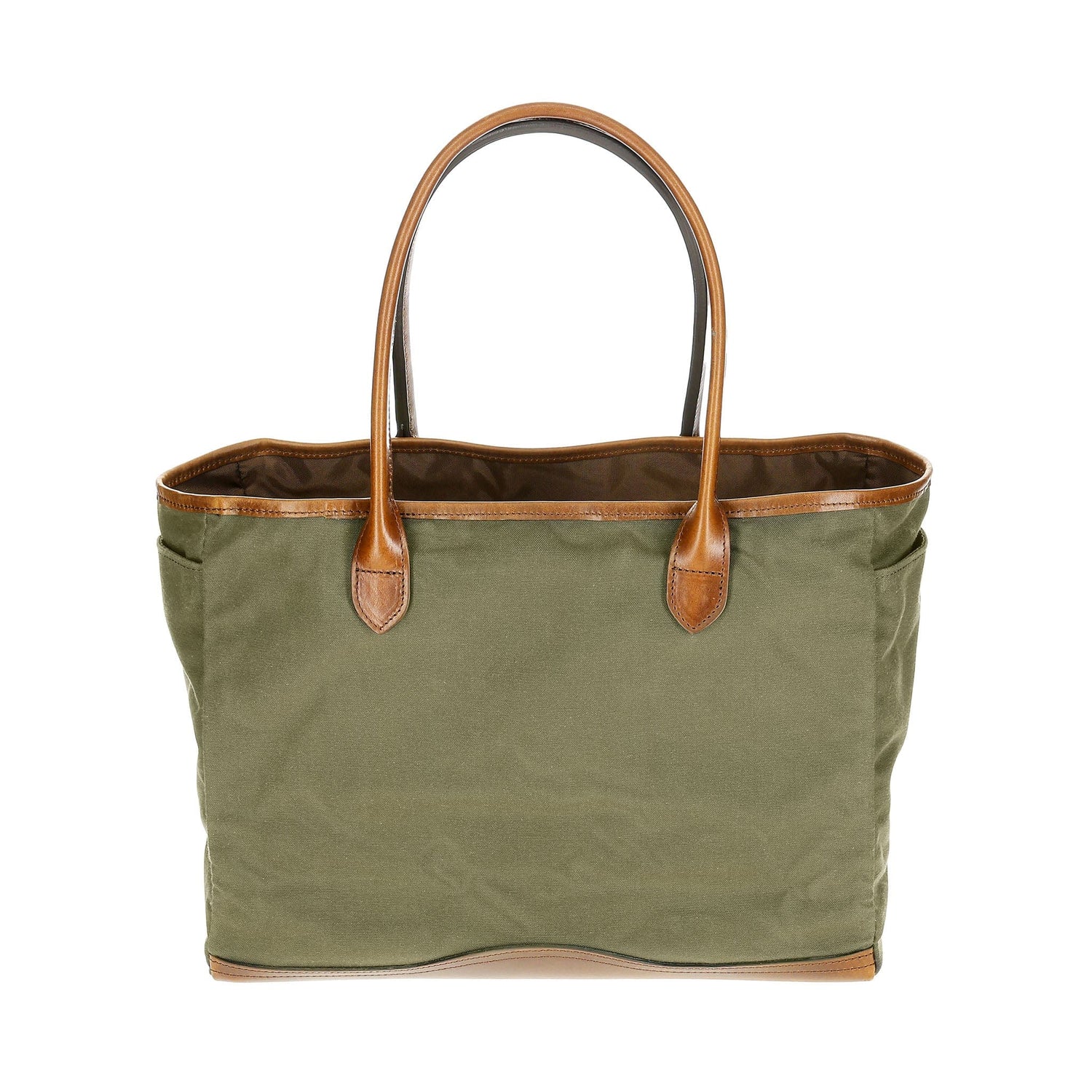 A green waxed Canvas Tote by Tom Beckbe with brown leather handles, standing upright against a white background.