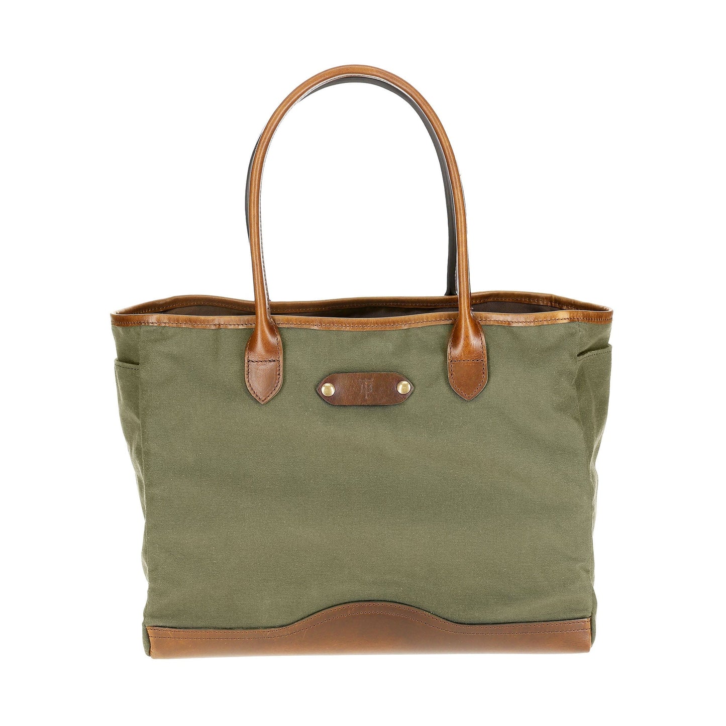 Olive green Tom Beckbe Canvas Tote with brown leather handles and trim on a white background.
