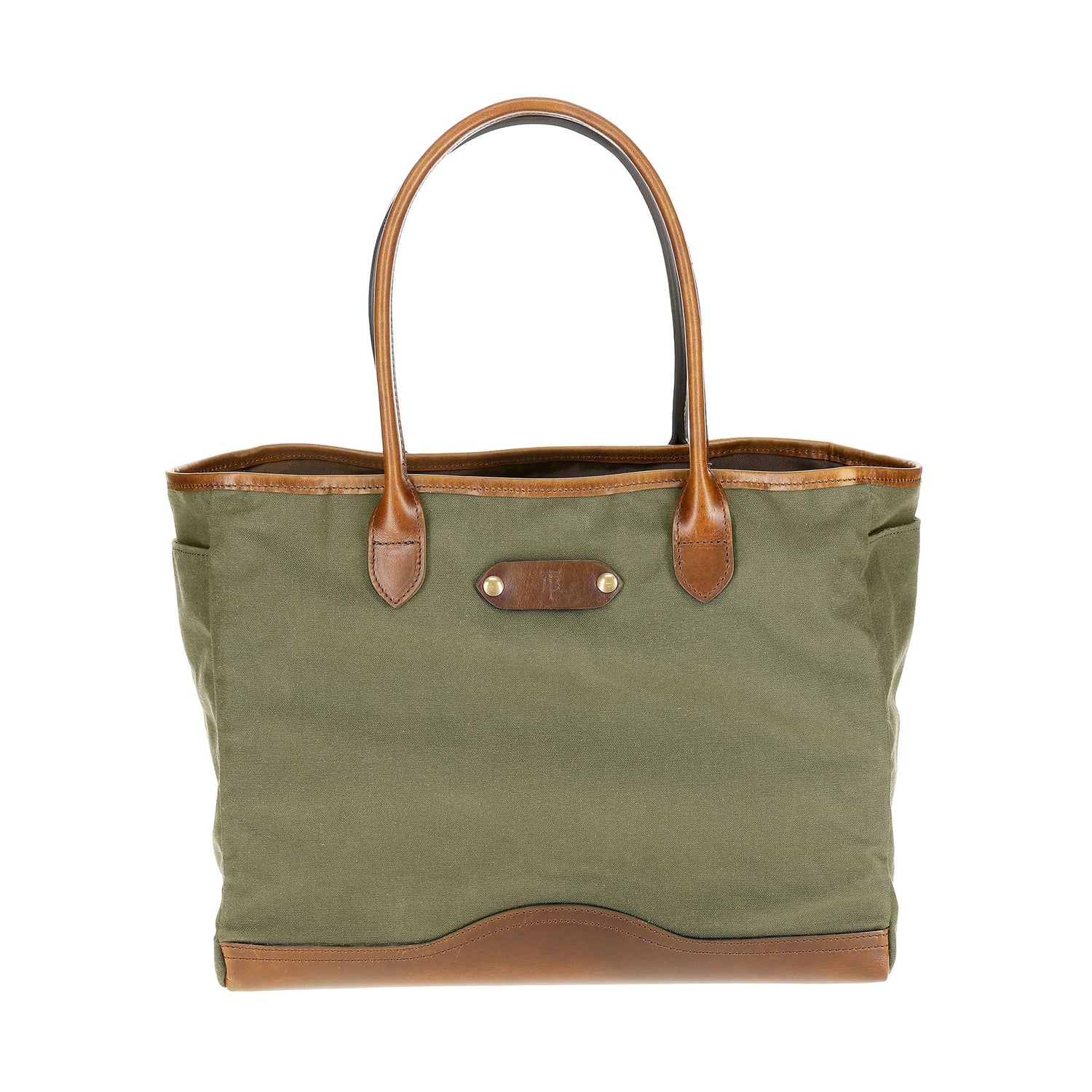 Olive green Tom Beckbe Canvas Tote with brown leather handles and trim on a white background.