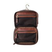 Tom Beckbe Canvas Hanging Toiletry Bag features two zippered mesh compartments, waxed canvas, and leather accents.