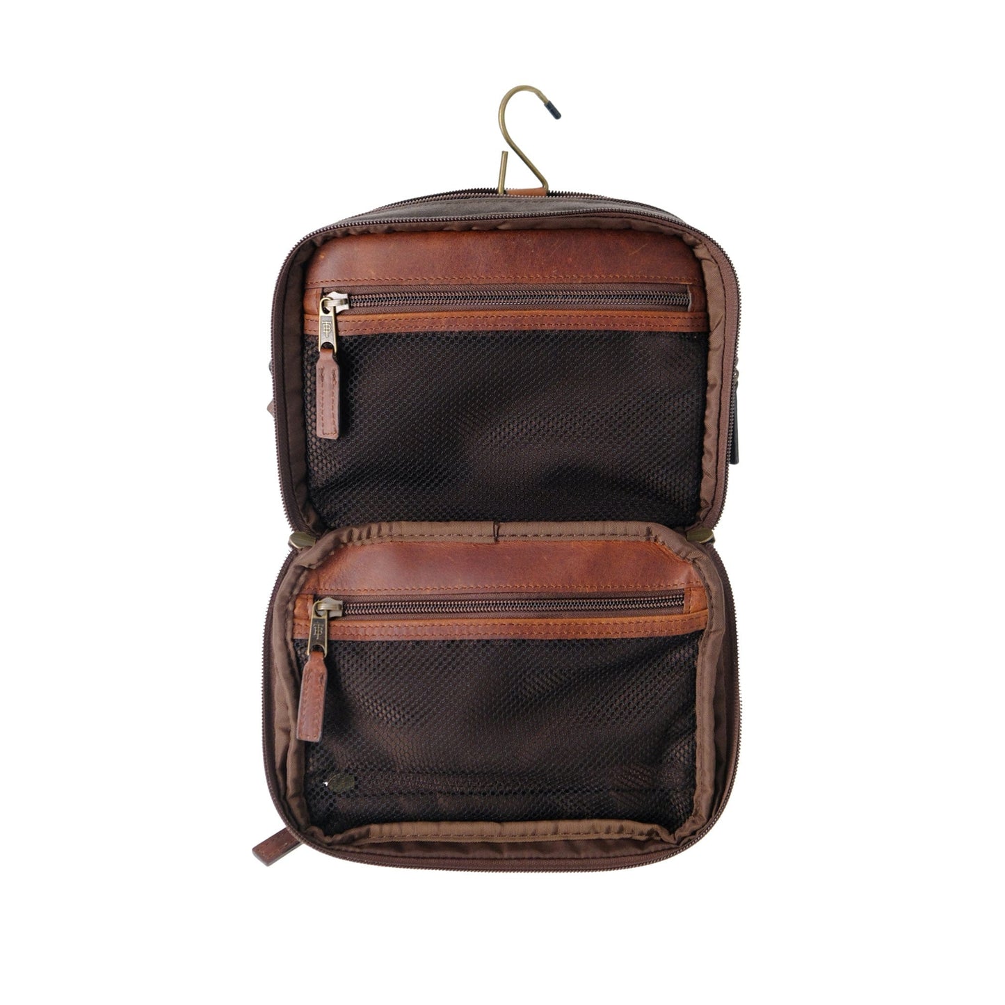 Tom Beckbe Canvas Hanging Toiletry Bag features two zippered mesh compartments, waxed canvas, and leather accents.