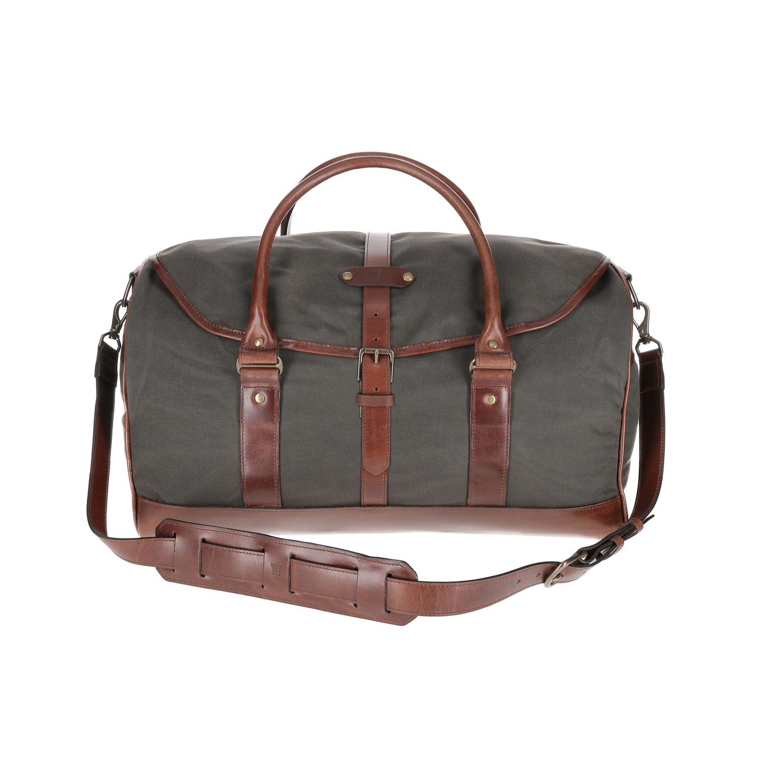 The Tom Beckbe Canvas Weekender Duffel Bag features brown leather accents and a detachable shoulder strap.
