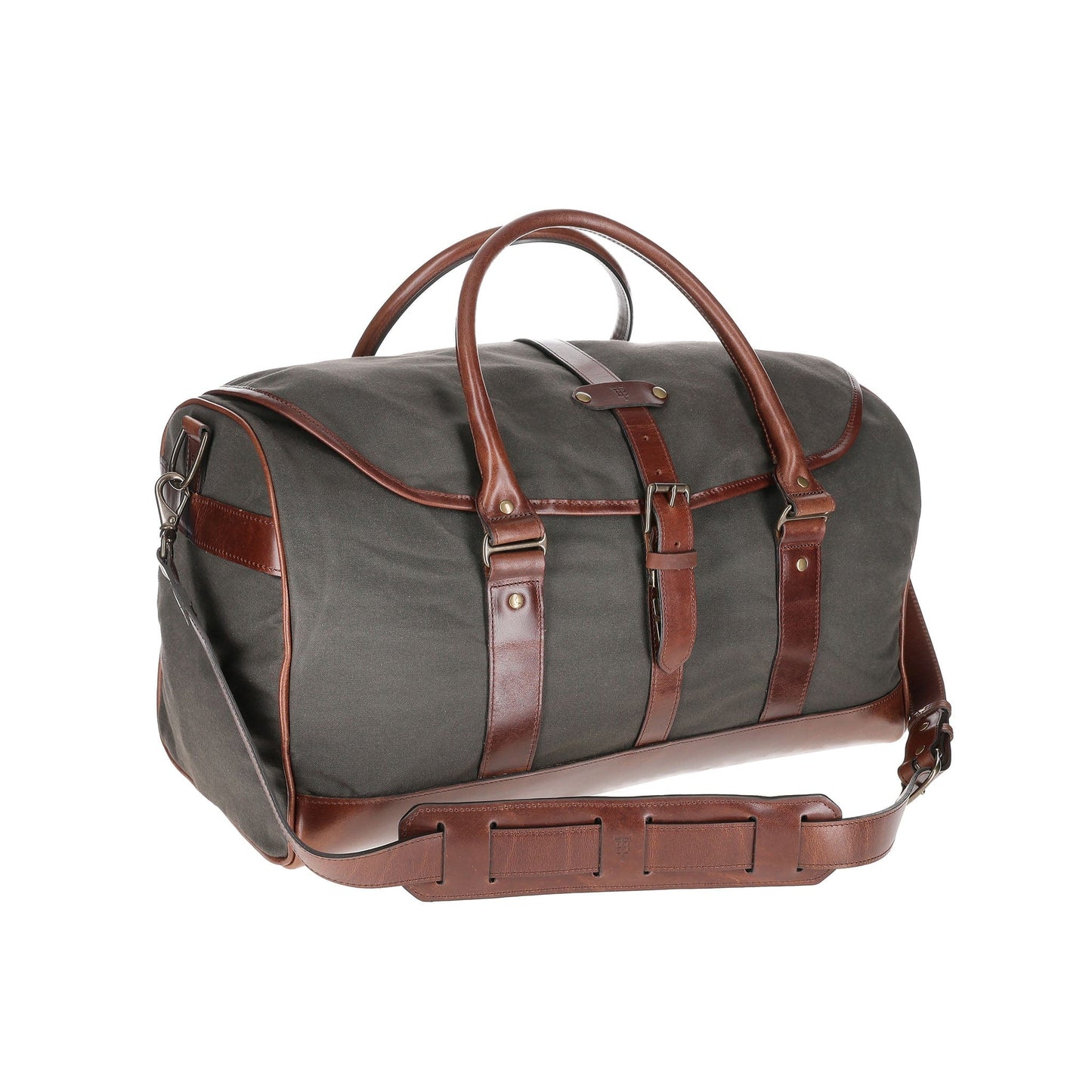 The Tom Beckbe Canvas Weekender Duffel Bag features brown leather straps, a shoulder strap, and metal buckles.
