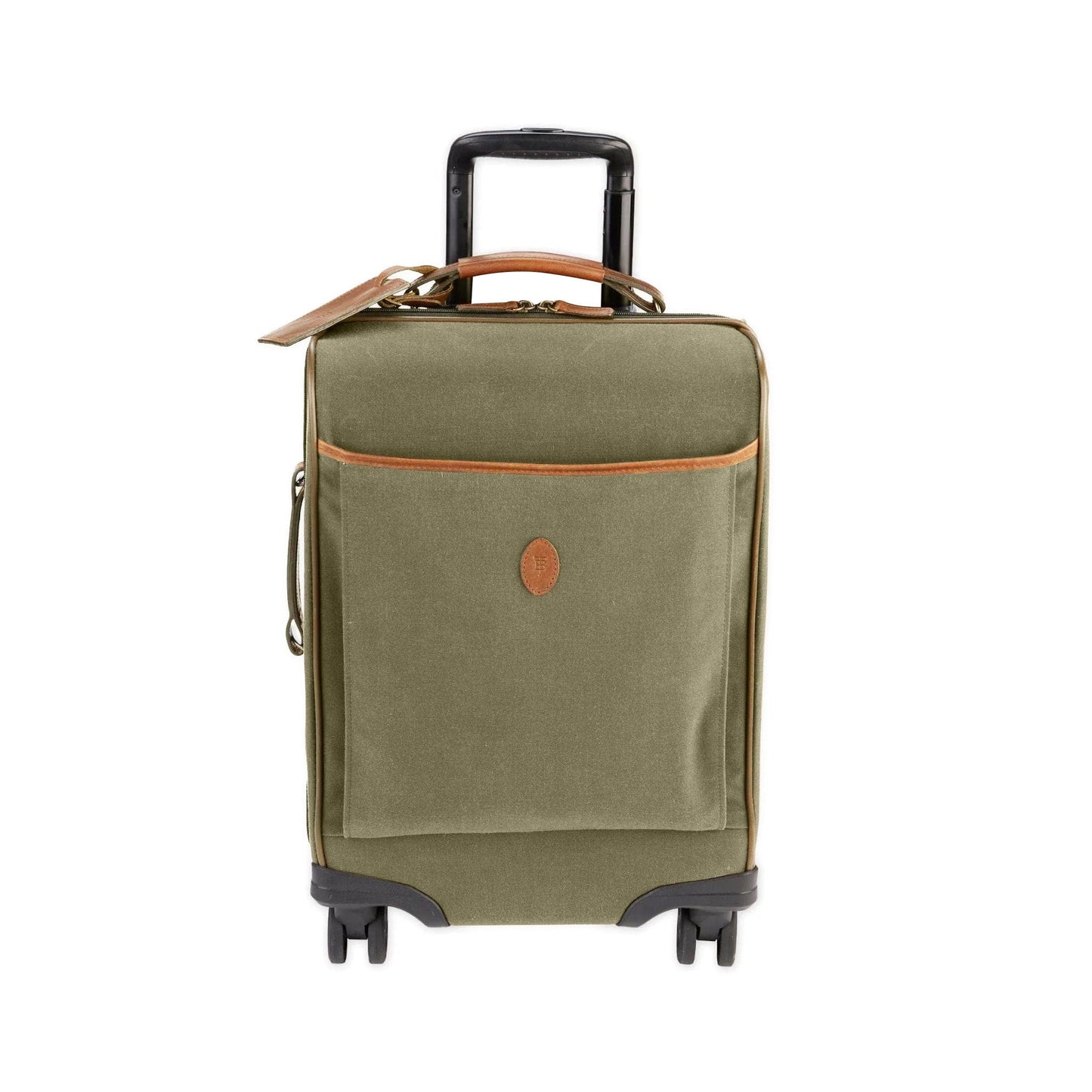 Tom Beckbes Canvas Wheeled Carry-On Bag in olive green features brown accents, black handle, and a handy front pocket.