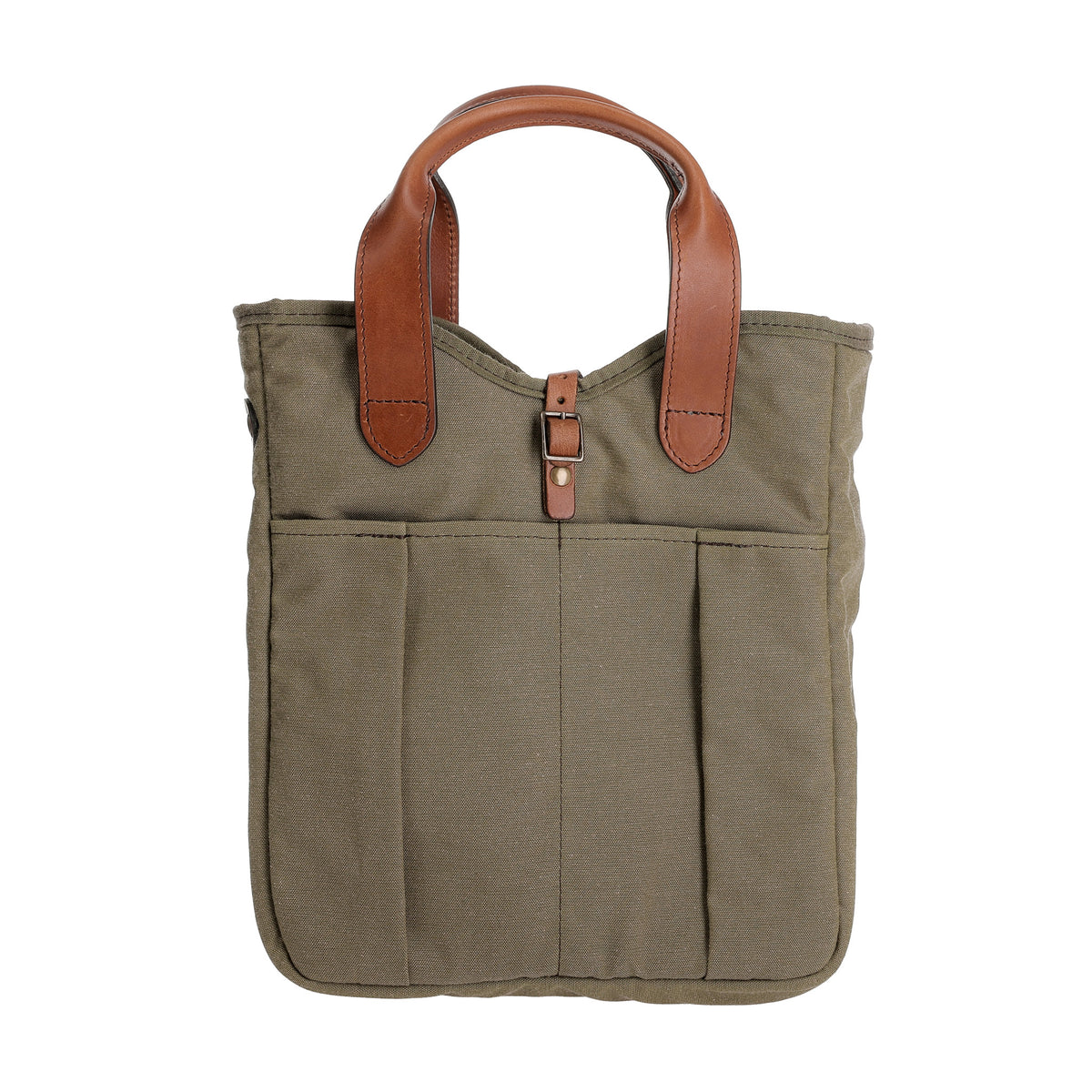 Tom Beckbe Canvas Whiskey Tote in Sawgrass with brown handles, front pockets, and buckle closure for spirits on the go.