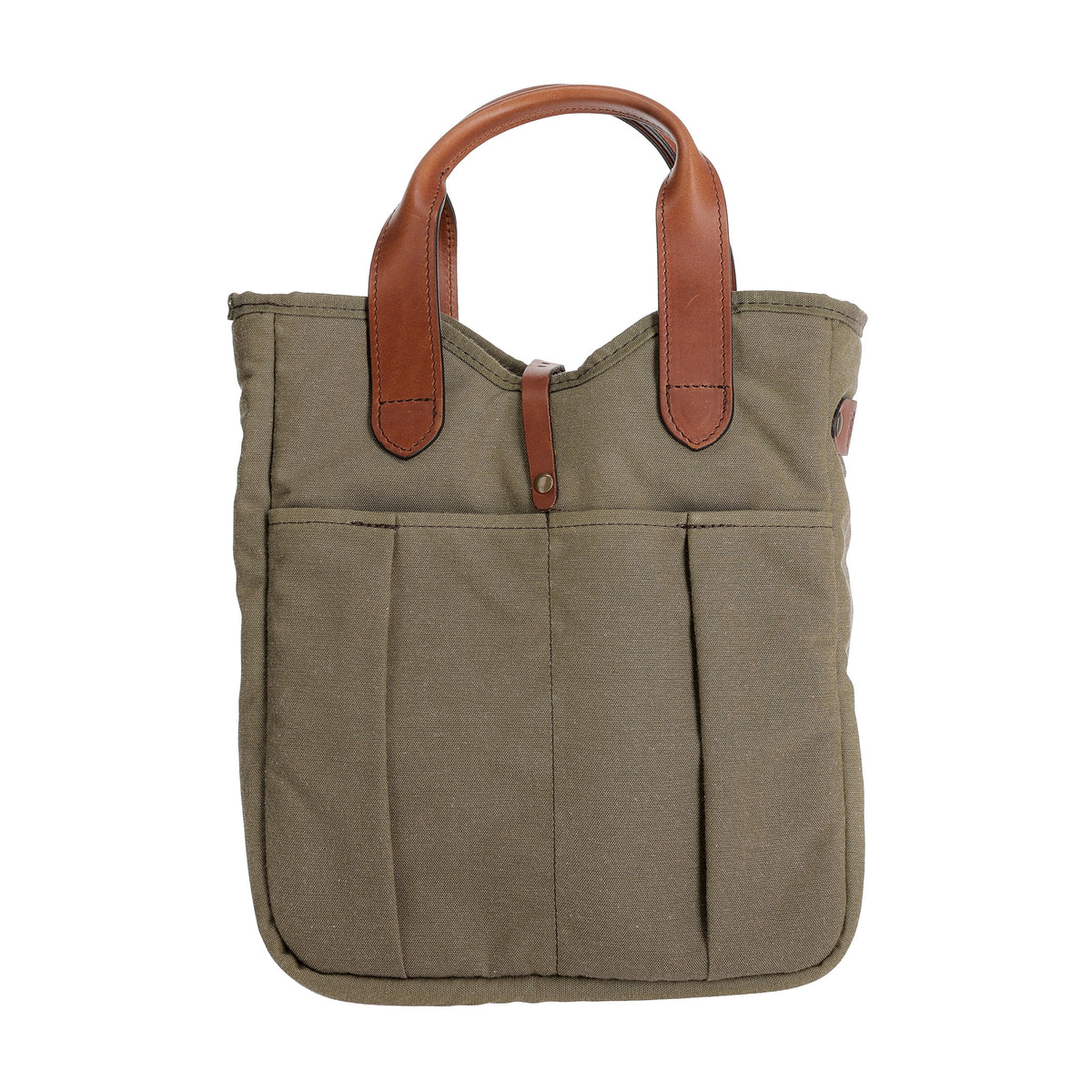 Tom Beckbe Canvas Whiskey Tote: olive green, leather handles, front pockets—ideal waxed canvas spirits carrier.