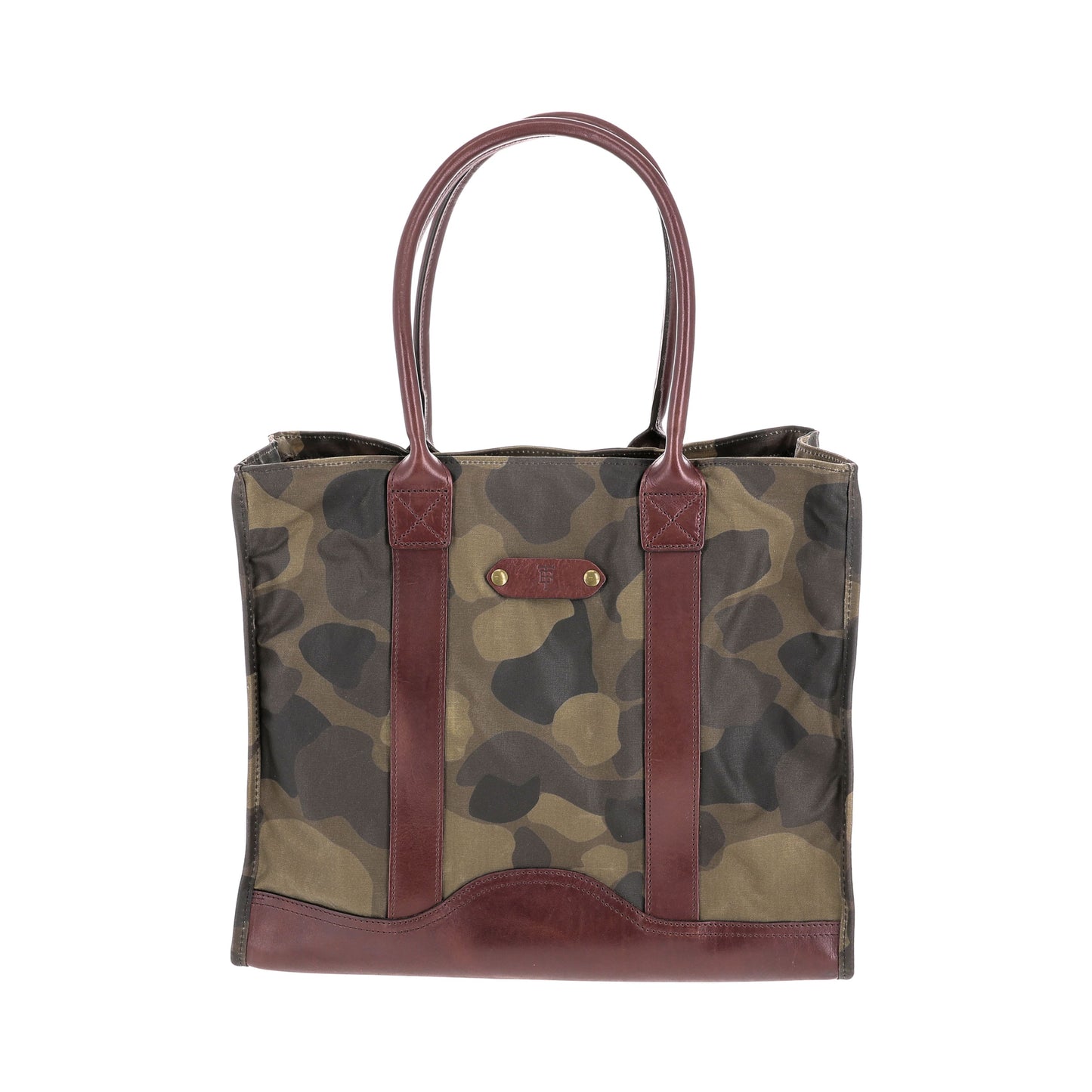 The Tom Beckbe Classic Camo Carryall Bag features brown leather trim and handles, crafted from waxed cotton canvas.