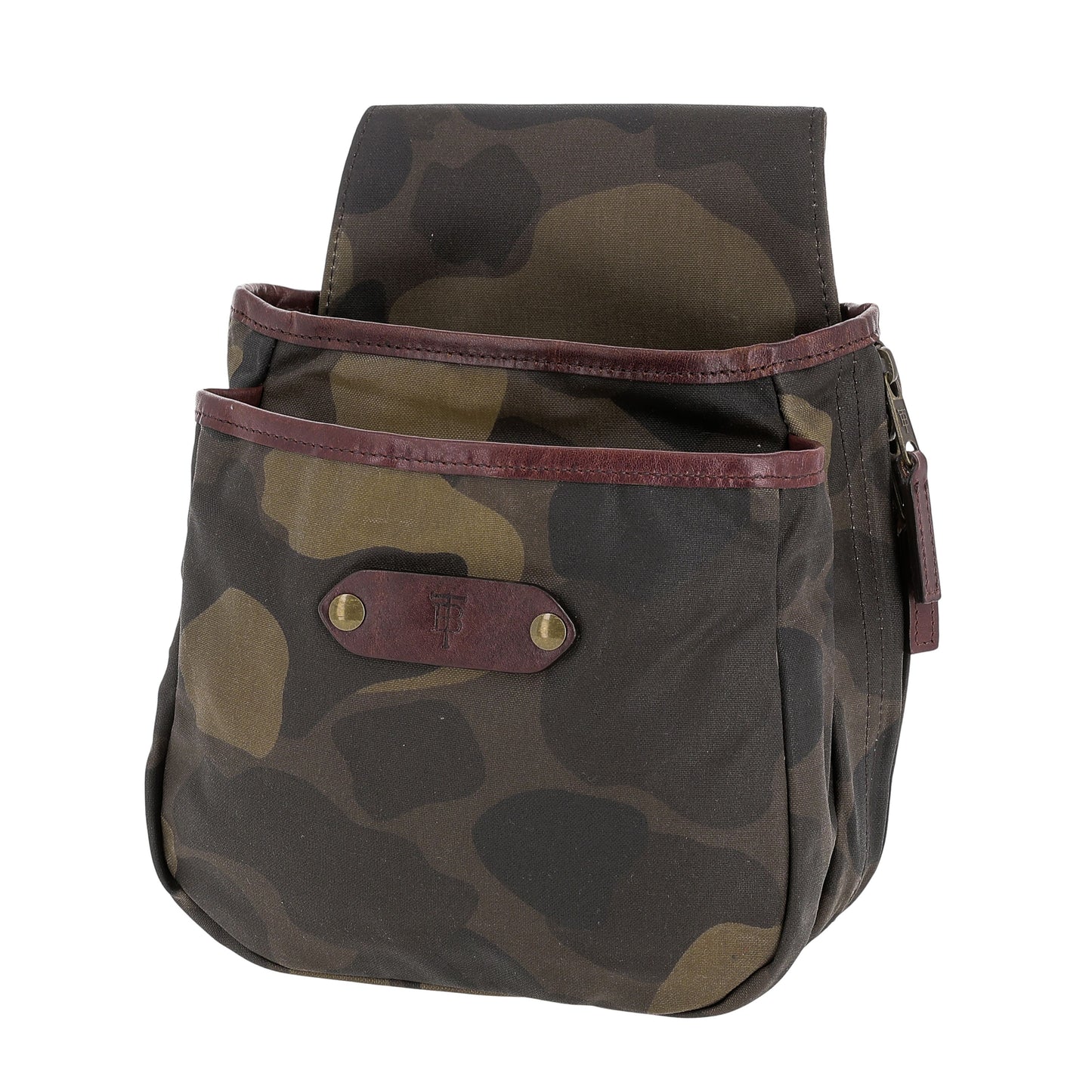 Tom Beckbe Classic Camo Shell Bag in waxed canvas with brown trim and two front pockets.