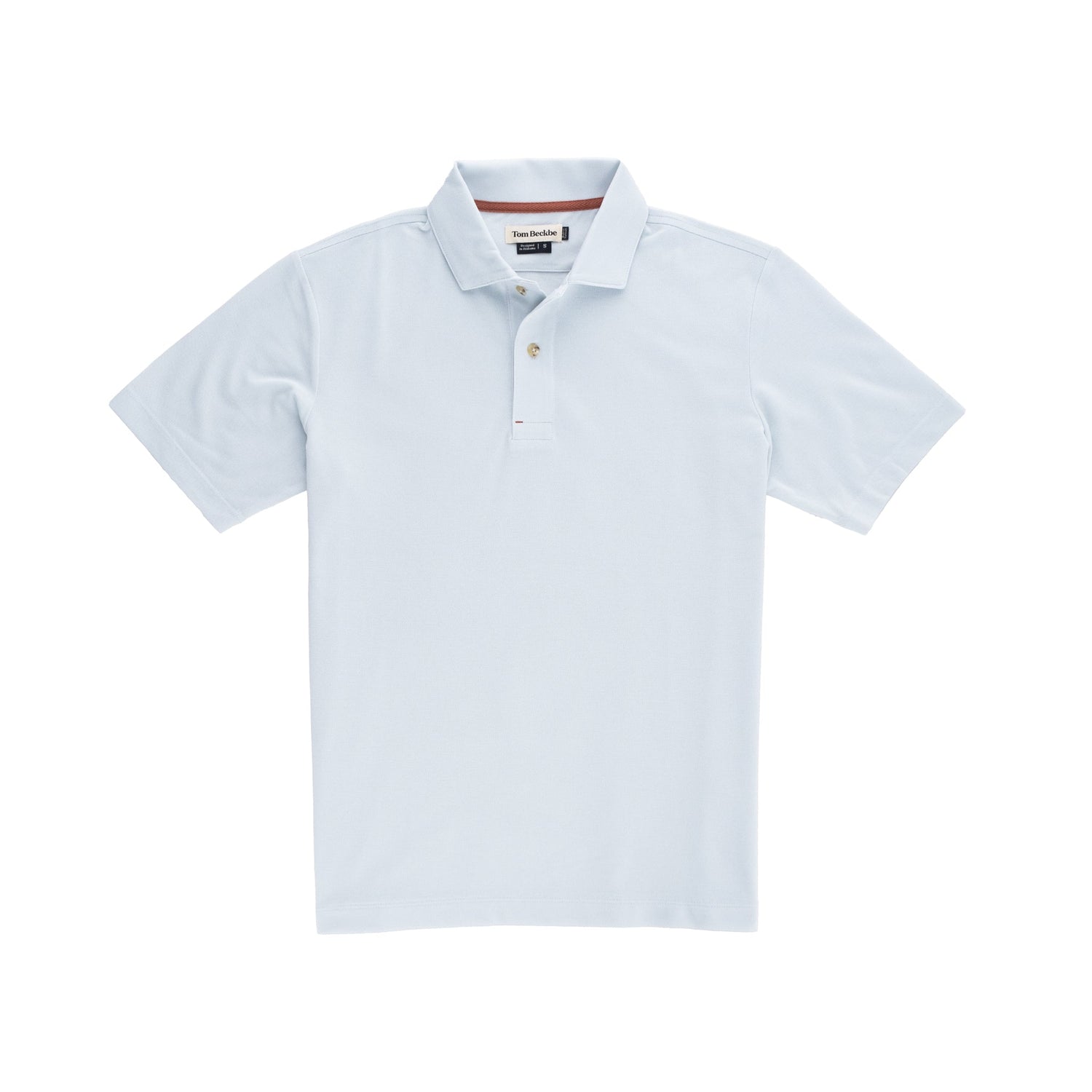 Tom Beckbes Coastal Polo Shirt in light blue features short sleeves, a collar, and three buttons on a white background.