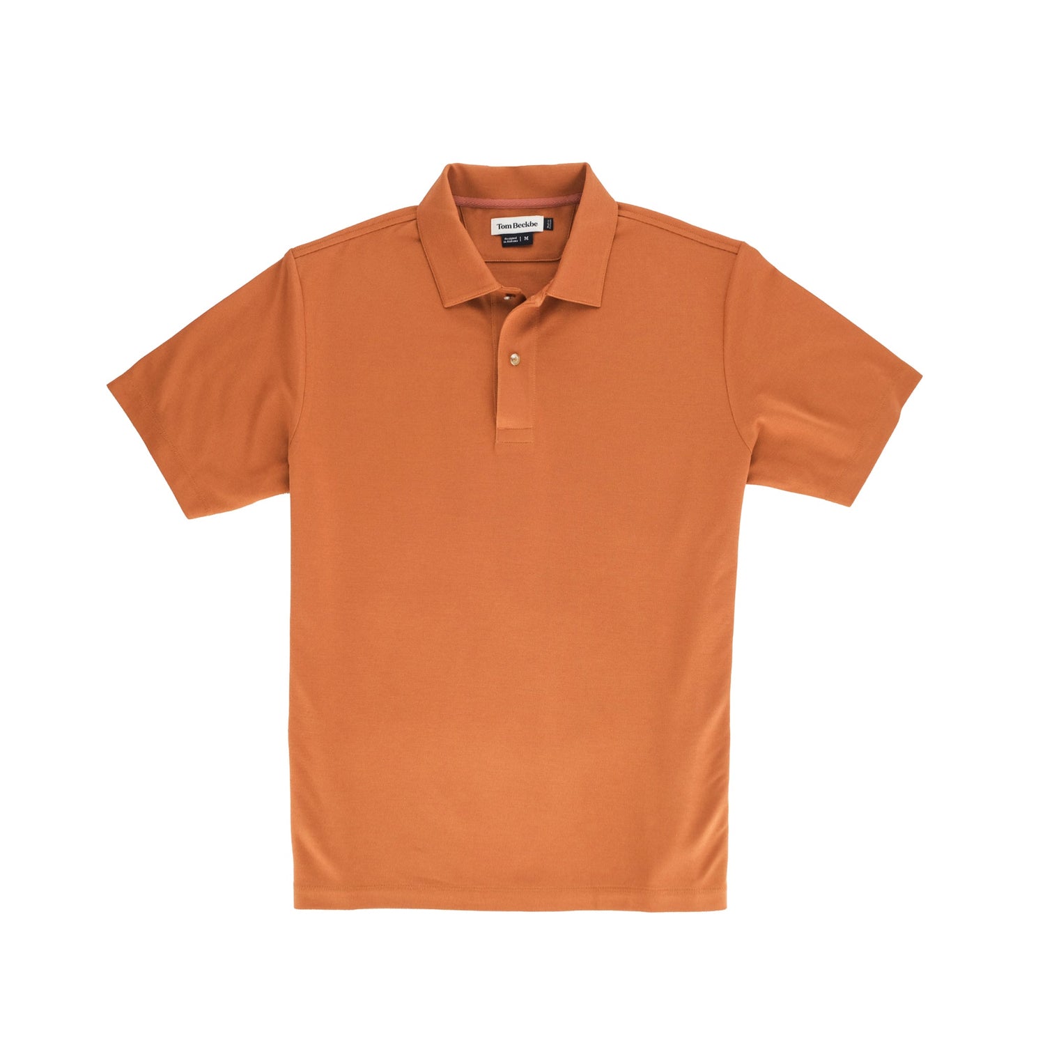 Tom Beckbe Coastal Polo Shirt: Classic orange with short sleeves, two buttons, and a collar on a white background.