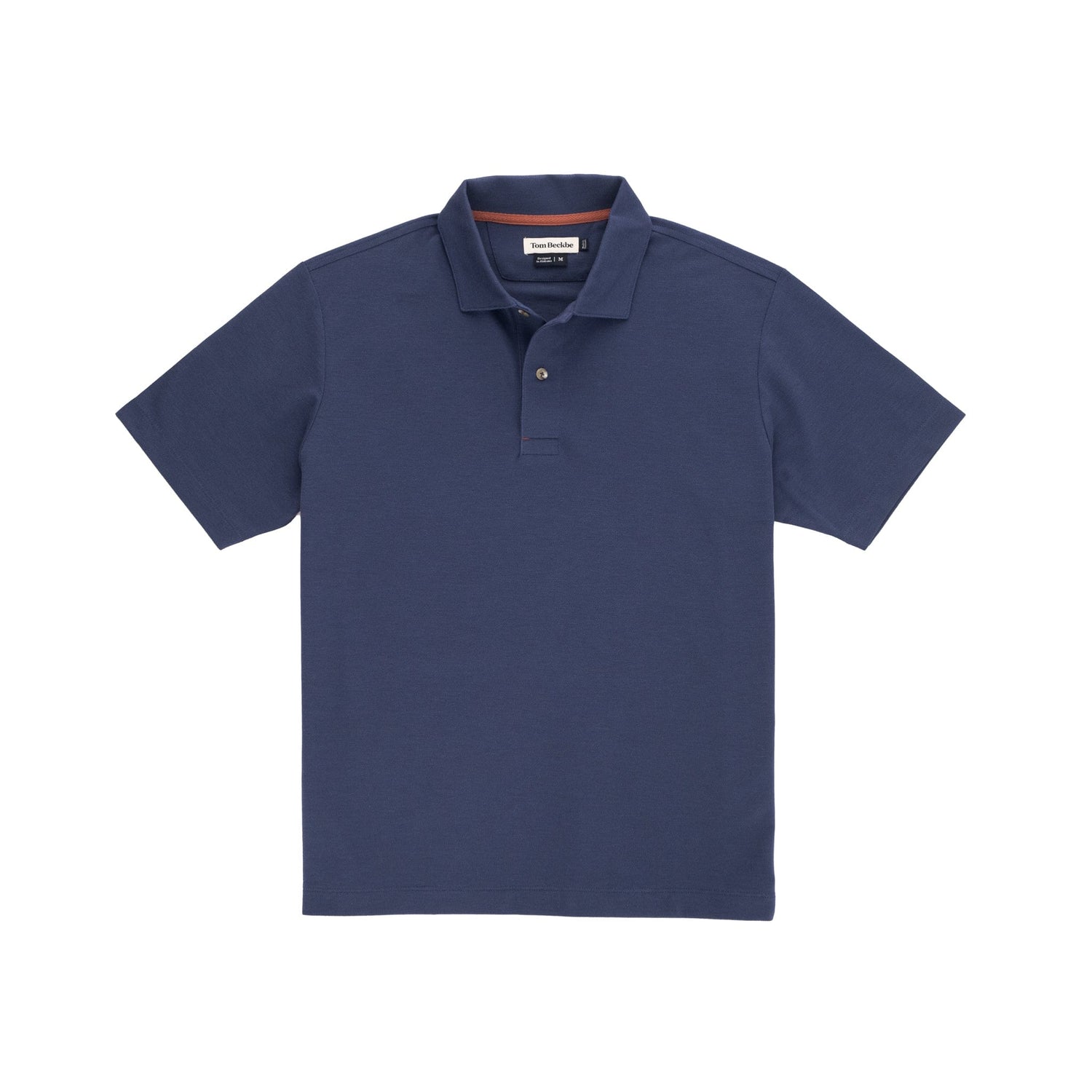 The Tom Beckbe Coastal Polo Shirt is a classic navy blue mens polo with a collar and button placket on a white background.
