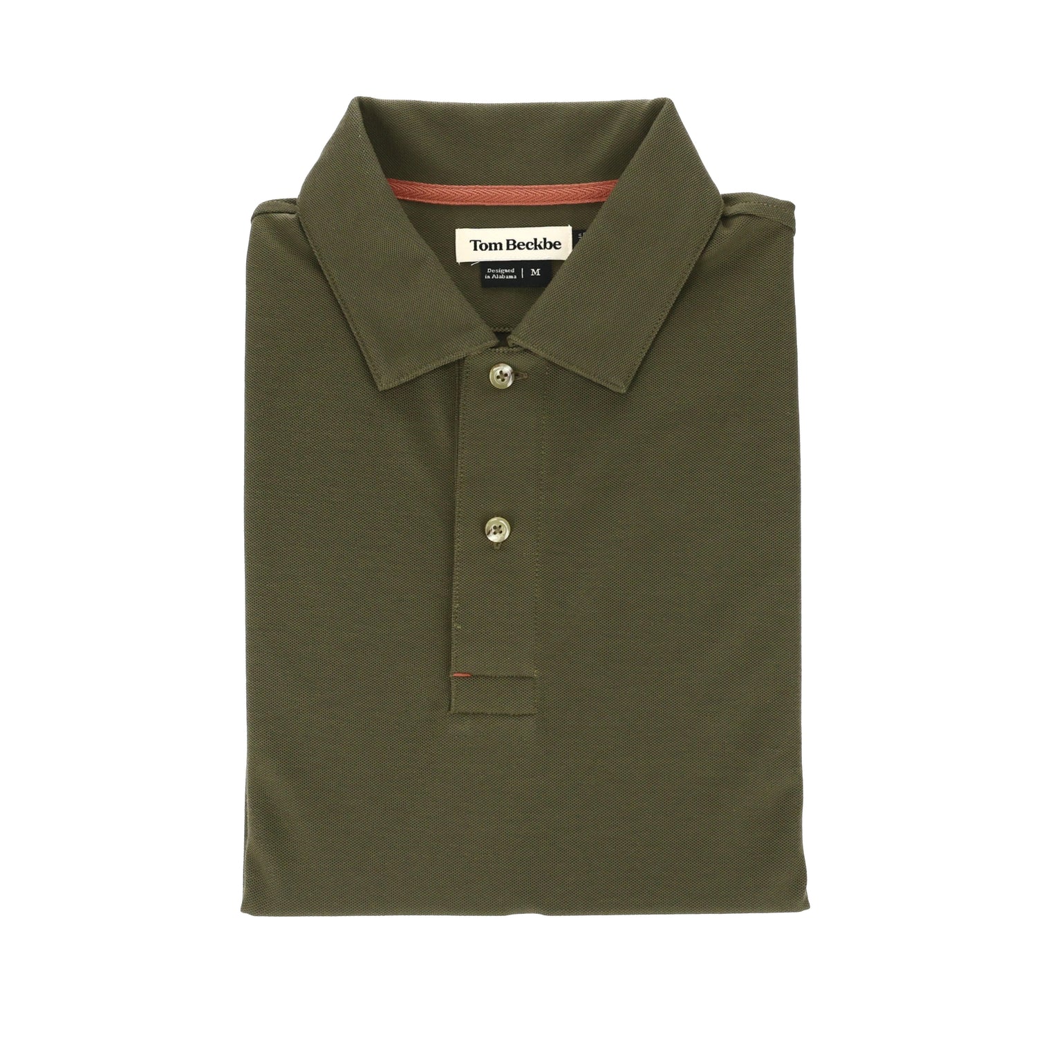 Tom Beckbes Coastal Polo Shirt, in classic olive green, features a collar and buttons, set against a plain white background.