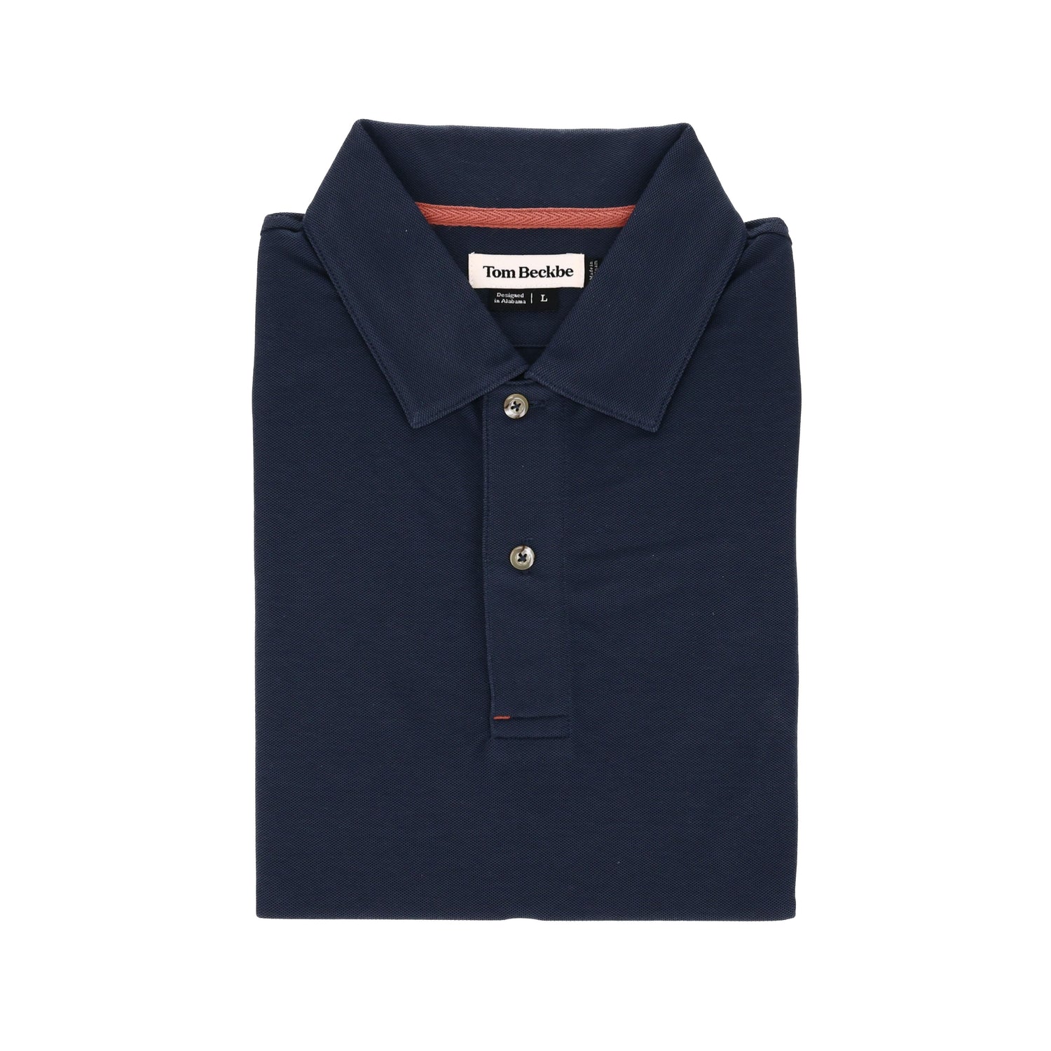 Coastal Polo Shirt by Tom Beckbe: Navy blue, folded, with collar and two buttons, label inside the collar.