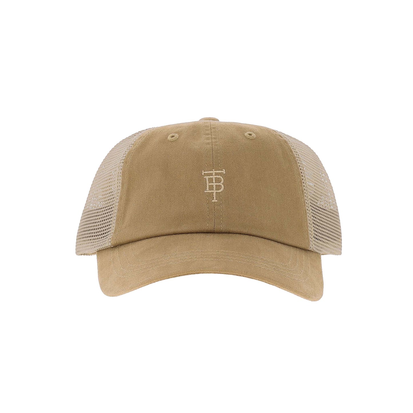 Tom Beckbe Cotton Trucker Hat in khaki cotton twill with mesh back and small white embroidered cattle brand logo.