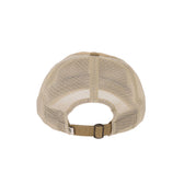 The Tom Beckbe Cotton Trucker Hat features a beige mesh back, cotton twill panels, and an adjustable buckle strap.