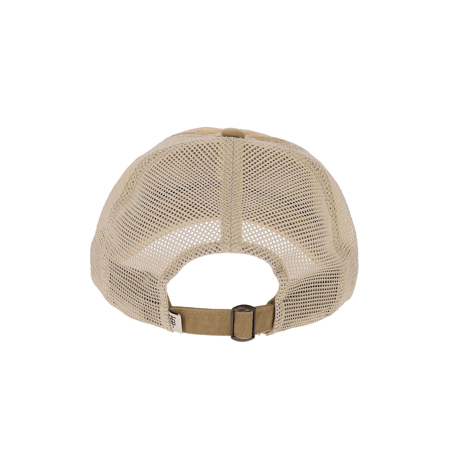 The Tom Beckbe Cotton Trucker Hat features a beige mesh back, cotton twill panels, and an adjustable buckle strap.