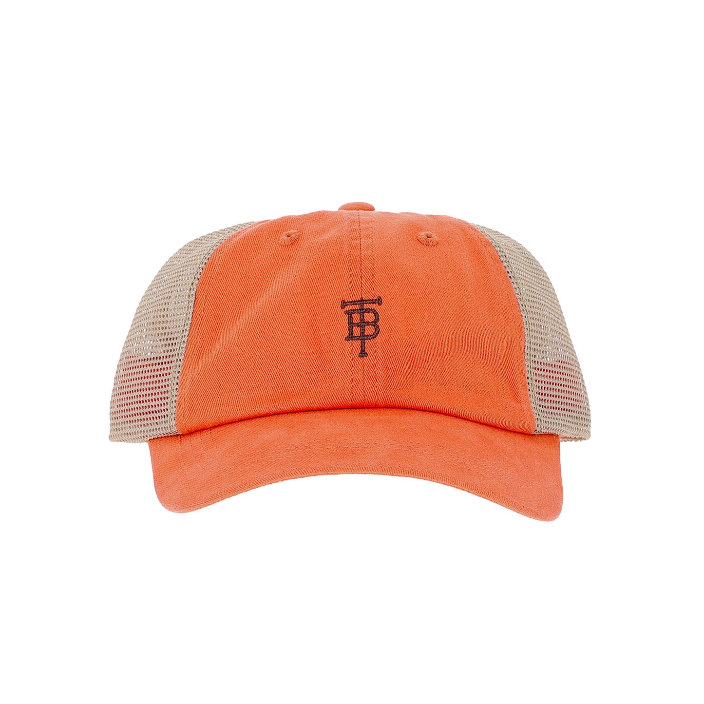 Tom Beckbe Cotton Trucker Hat in orange and beige with black embroidered cattle brand logo on the front.
