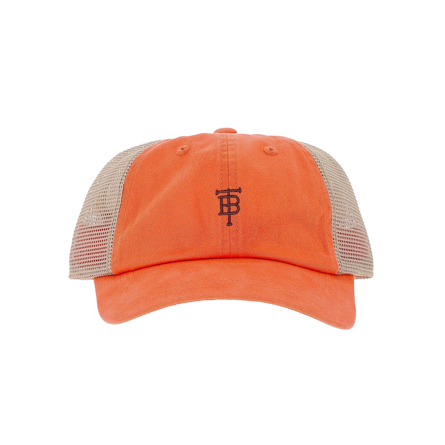Tom Beckbe Cotton Trucker Hat in orange and beige with black embroidered cattle brand logo on the front.