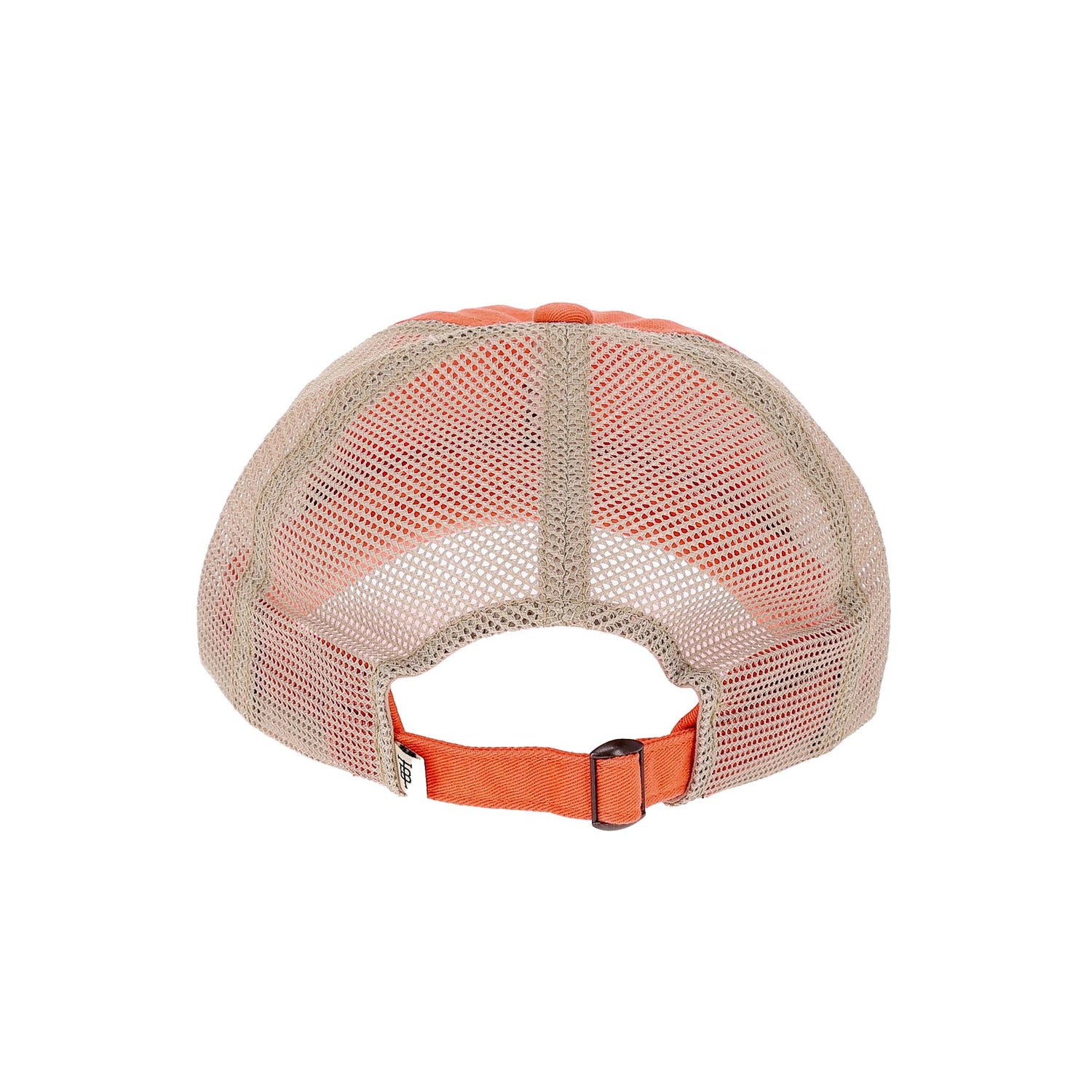 Back view of Tom Beckbe Cotton Trucker Hat in orange with beige mesh, adjustable strap, and cattle brand logo.