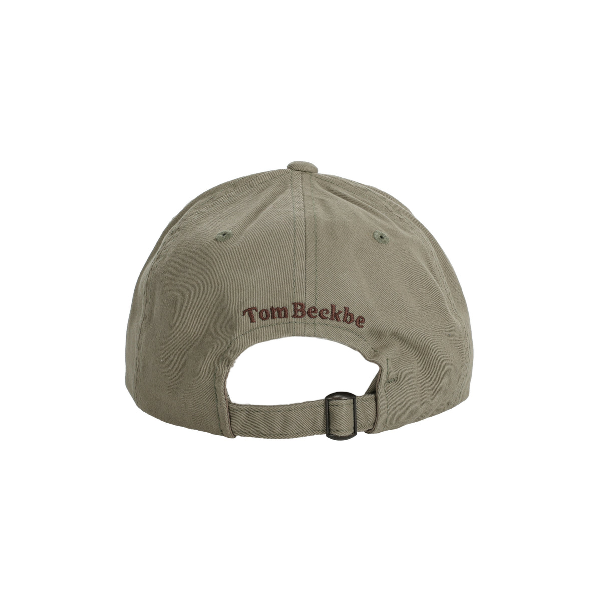 Back view of the Cotton Twill 5-Panel Hat - Pintail in olive with Tom Beckbe logo above the adjustable strap.