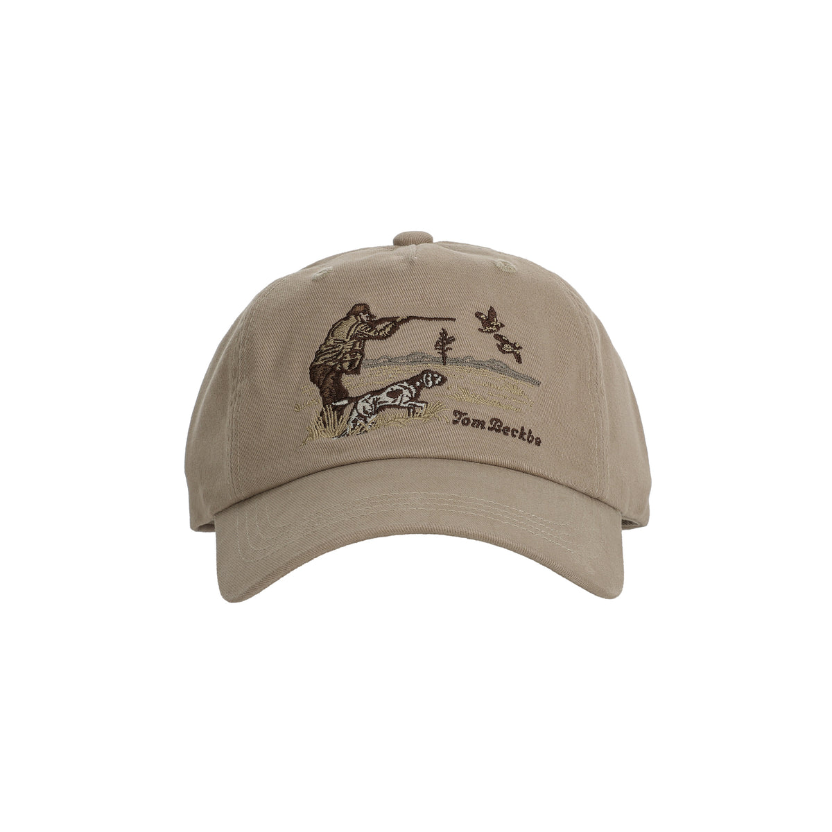Cotton Twill 5-Panel Hat - The Flush by Tom Beckbe in beige with embroidered hunter, dog, birds, and logo text.