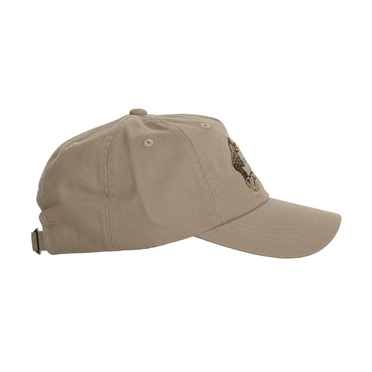 Side view of Tom Beckbe’s “The Flush” beige cotton twill 5-panel hat with strap and front embroidery.