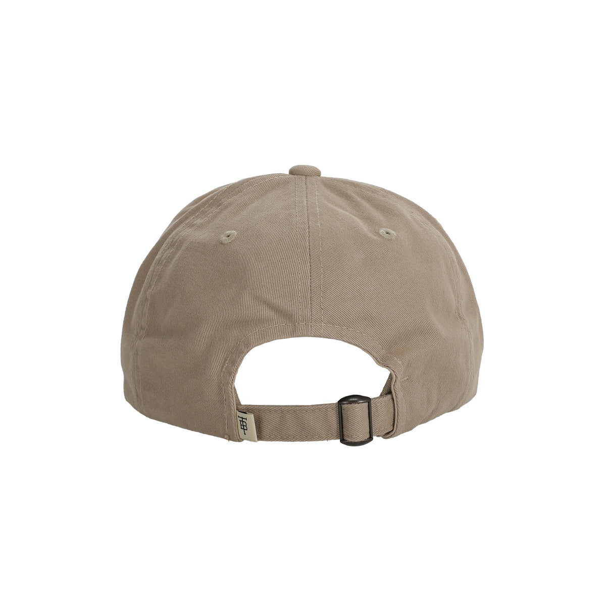 Back view of Tom Beckbe’s Cotton Twill 5-Panel Hat - The Flush in beige, adjustable strap and metal buckle shown.