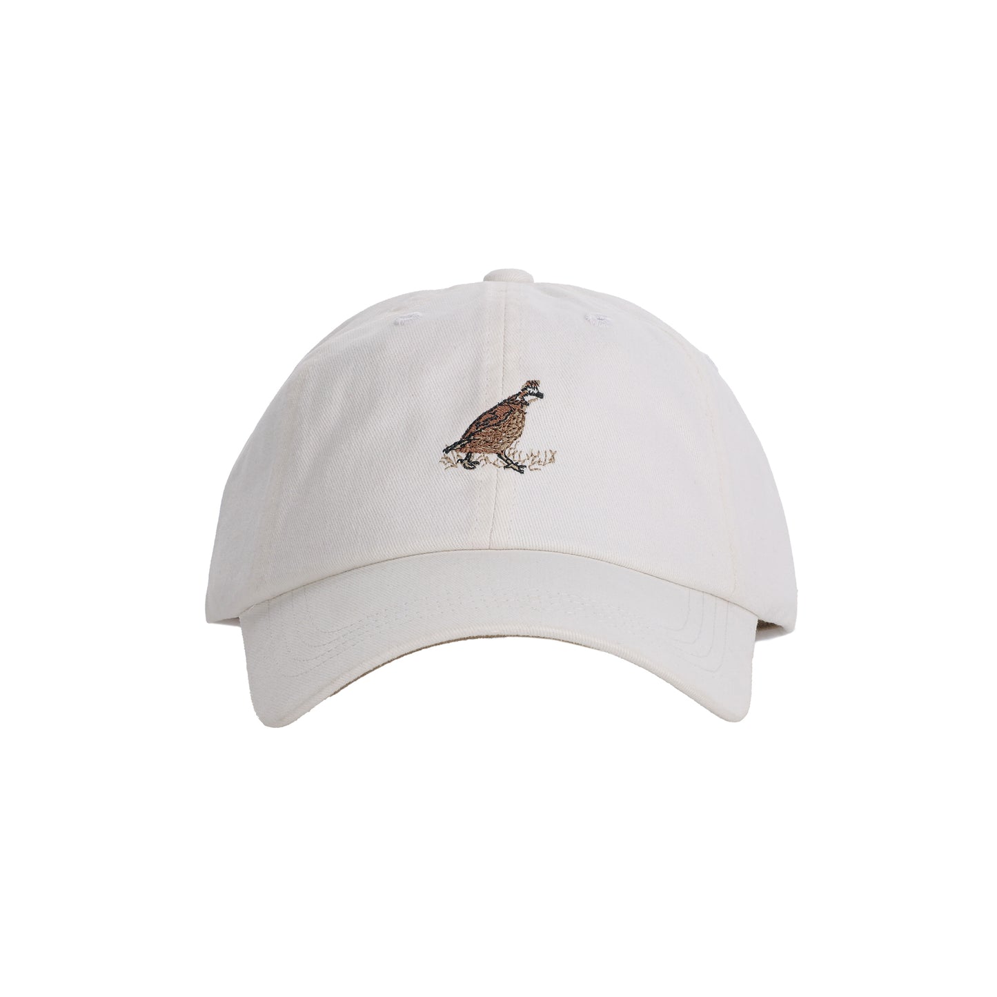 Tom Beckbe Cotton Twill 6-Panel Hat - Bobwhite features an embroidered brown bird on beige, shown on a white background.
