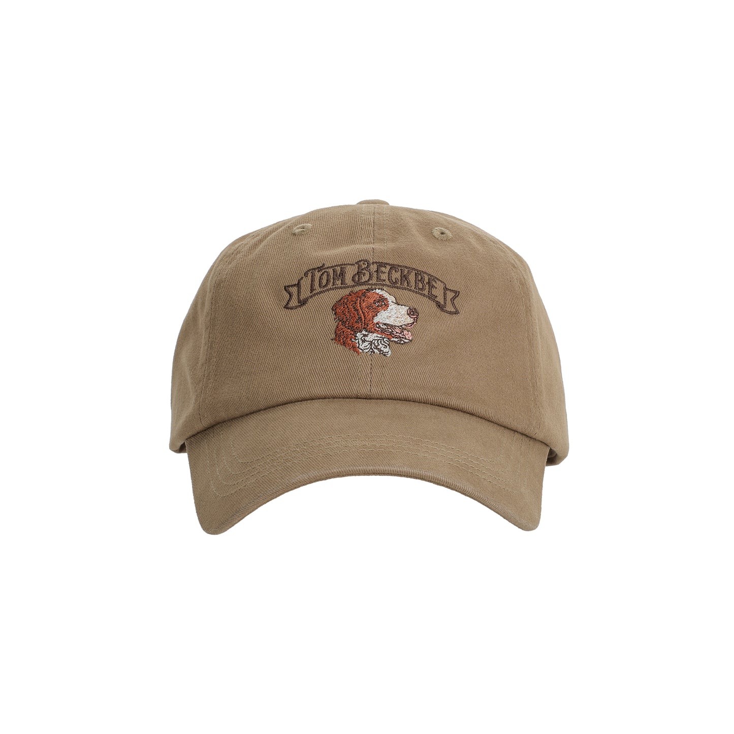 Khaki 6-panel Cotton Twill Hat with Brittany Spaniel patch and Tom Beckbe logo embroidered on the front.