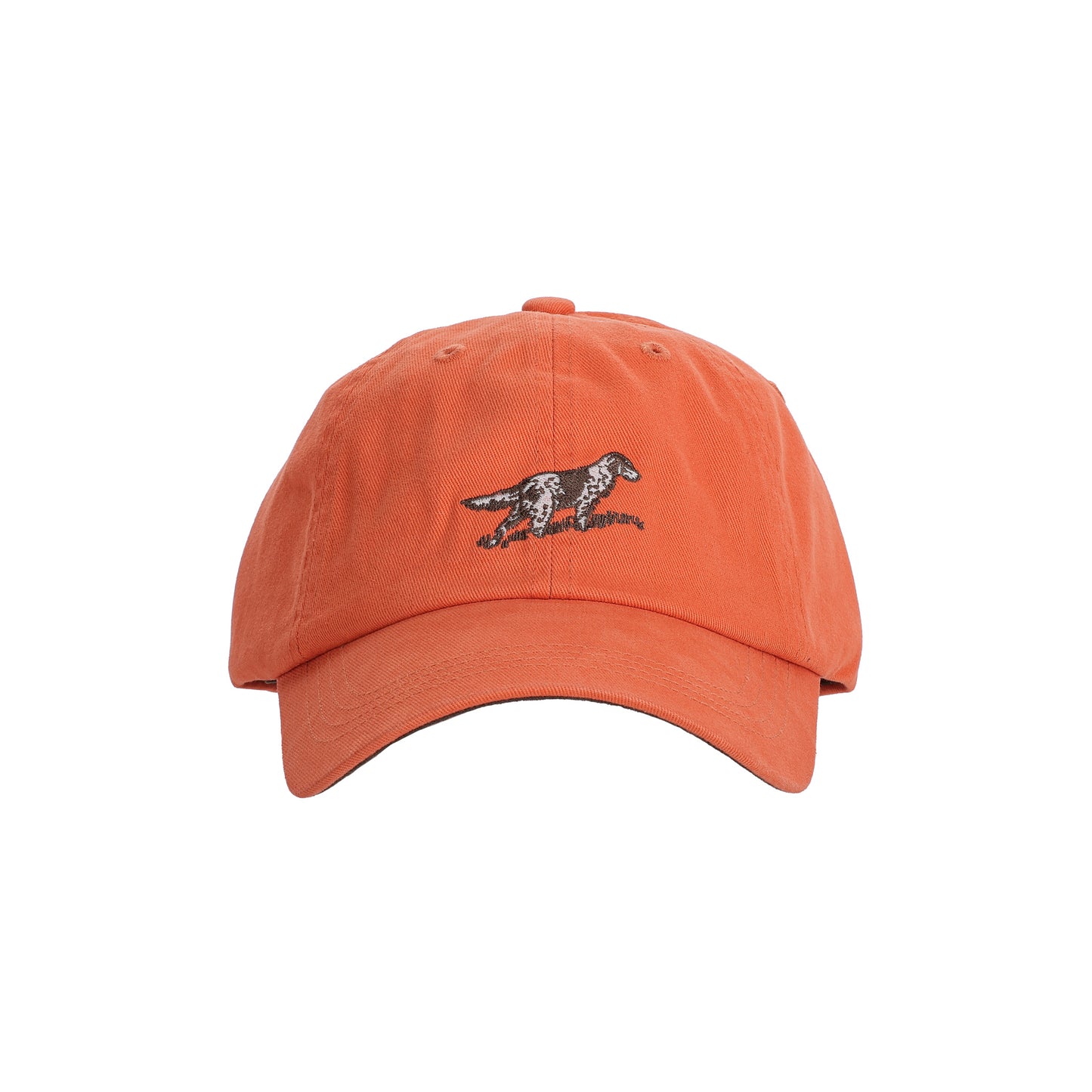 Tom Beckbe Cotton Twill 6-Panel Hat - English Setter in orange with black and white embroidered dog on white background.