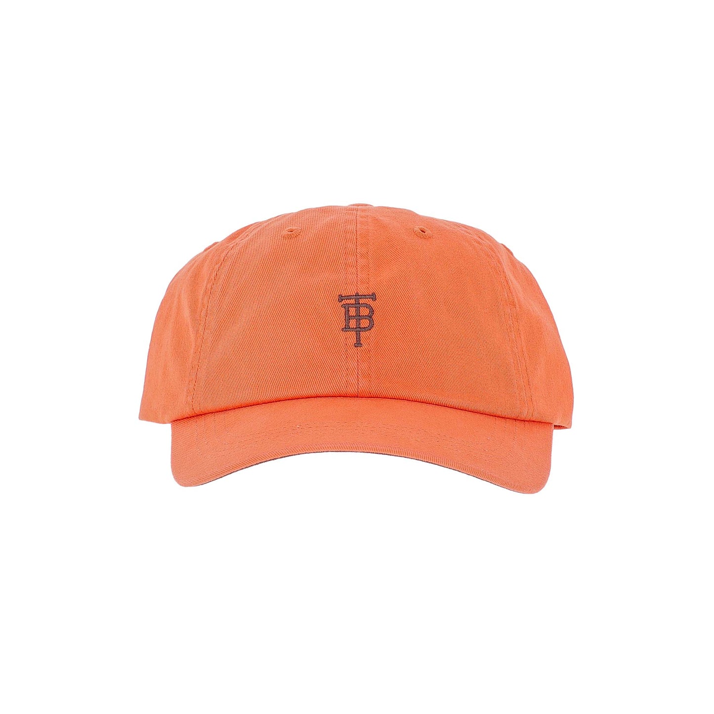Tom Beckbe Cotton Twill Baseball Hat in orange with a black TB monogram, shown on a white background.