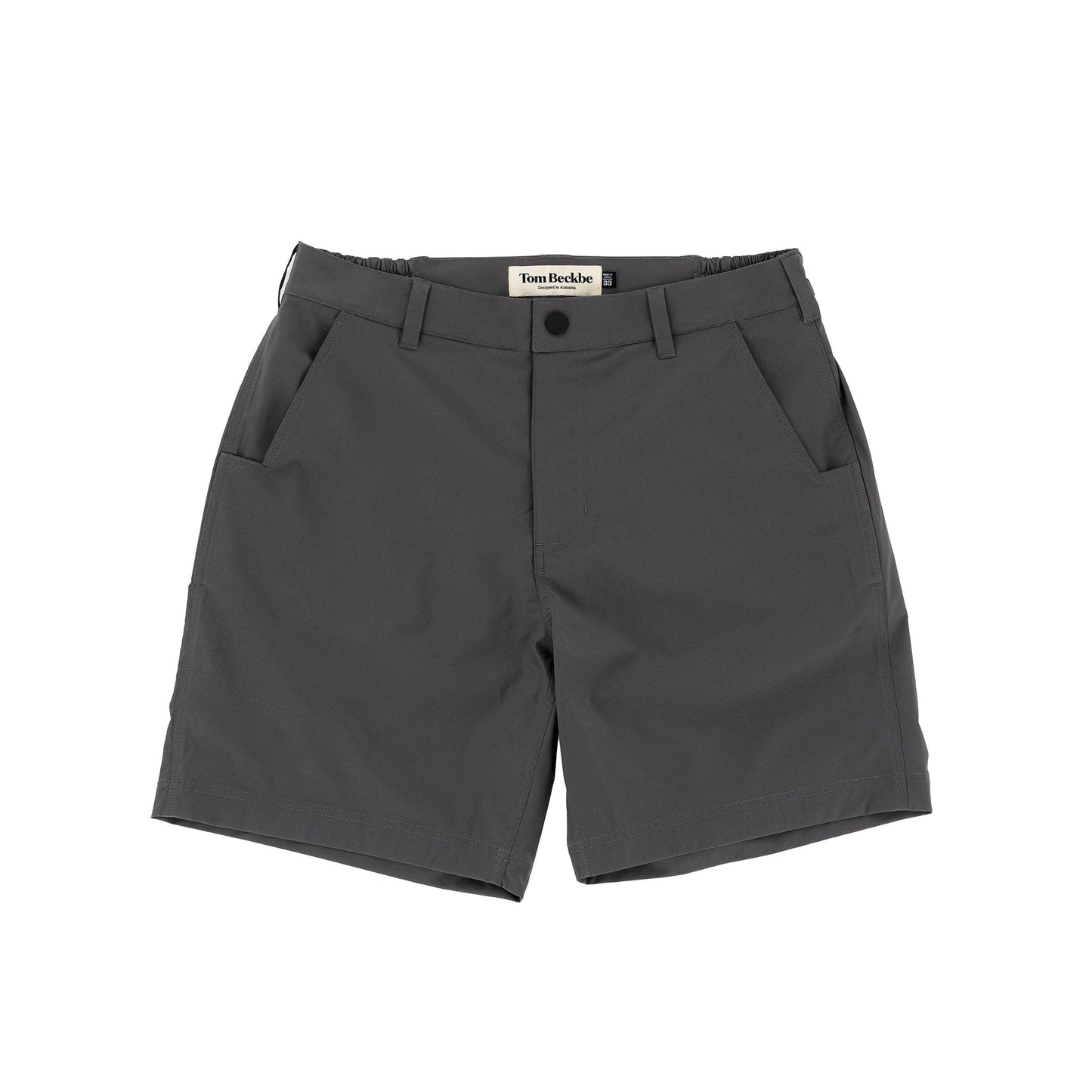 Crenshaw Performance Short by Tom Beckbe: Dark gray, four-way stretch, front/back pockets, belt loop.