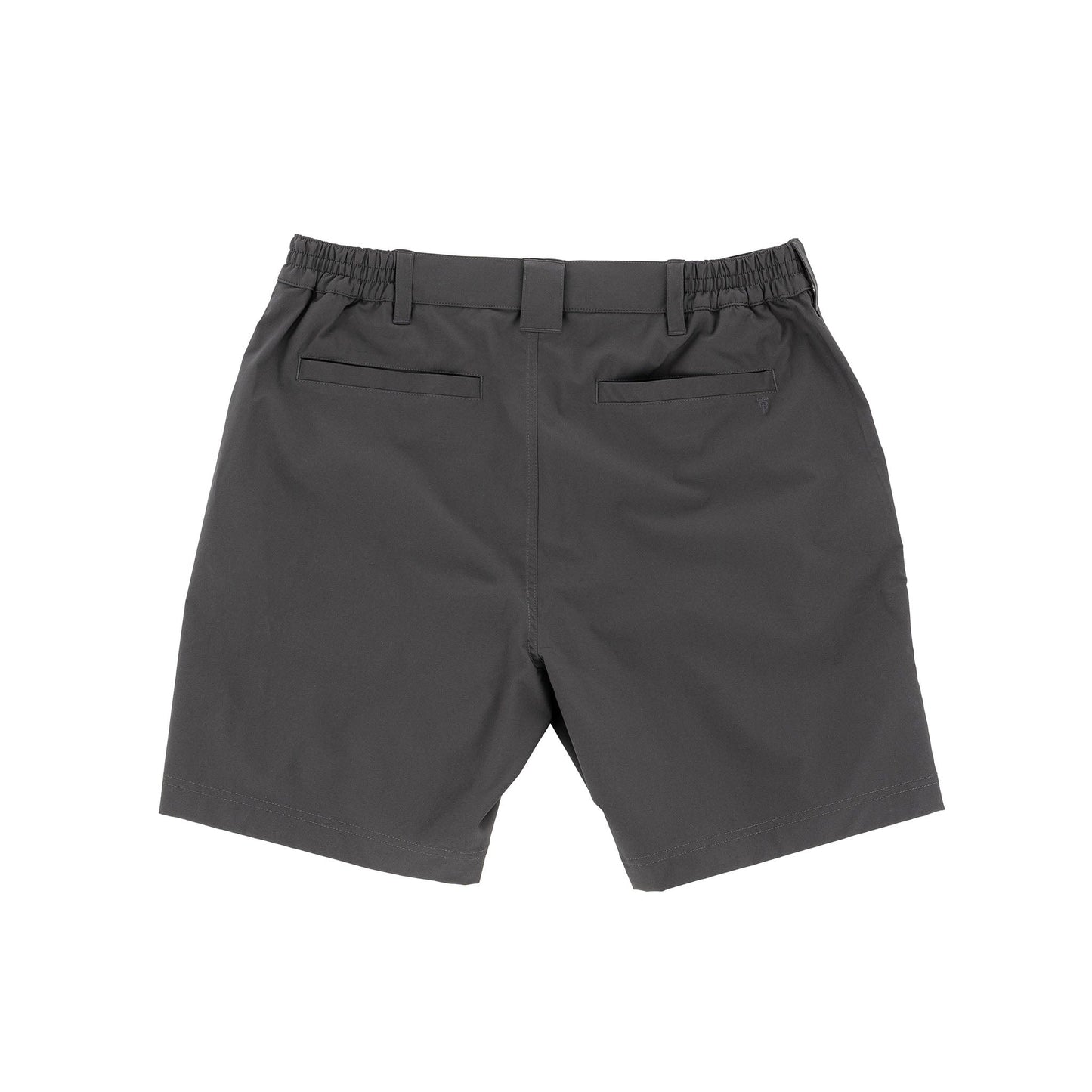 Back view of Tom Beckbe Crenshaw Performance Shorts in gray, with elastic waistband, belt loops, and two rear pockets.