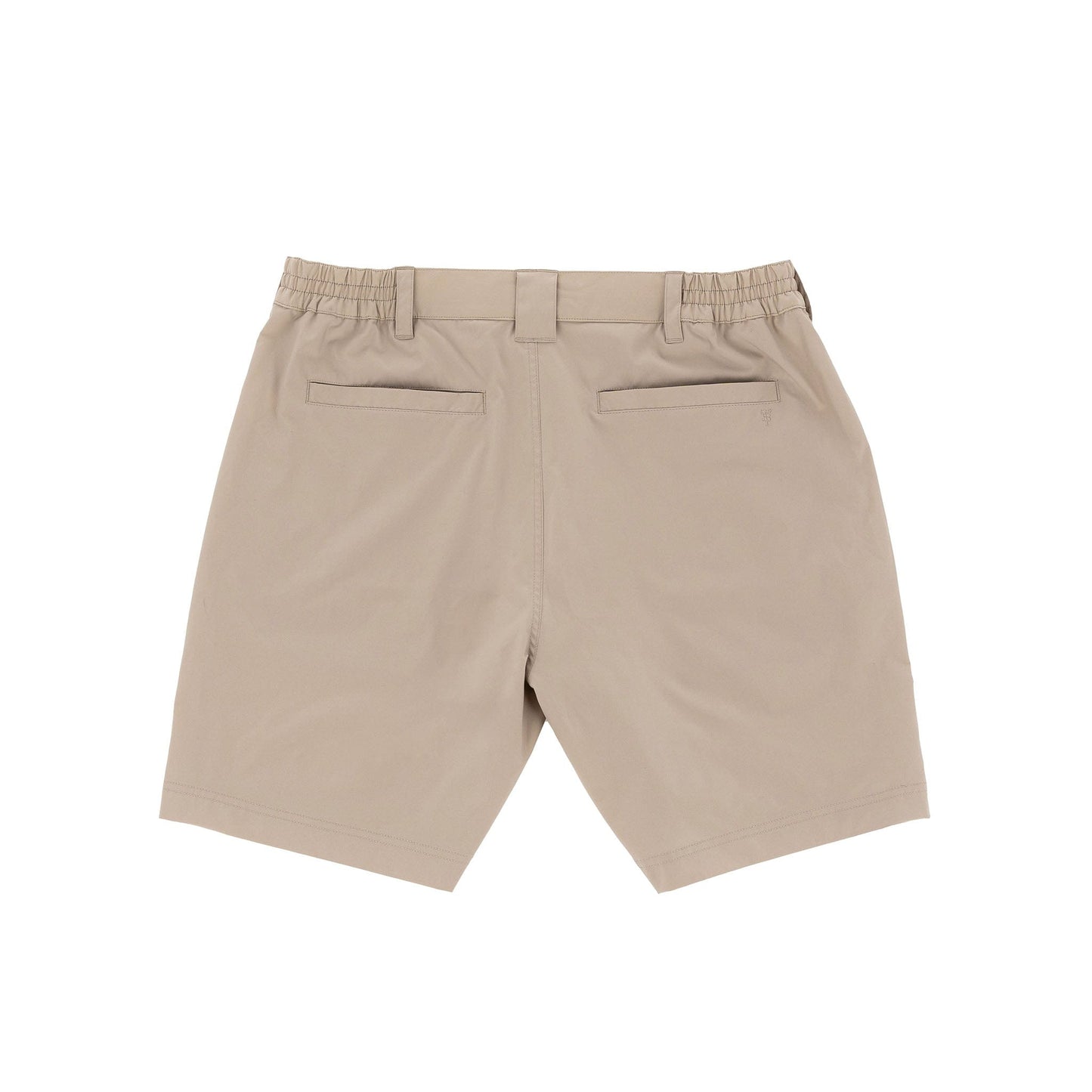 Tom Beckbes Crenshaw Performance Shorts are beige, with four-way stretch, belt loops, and two back pockets on white.