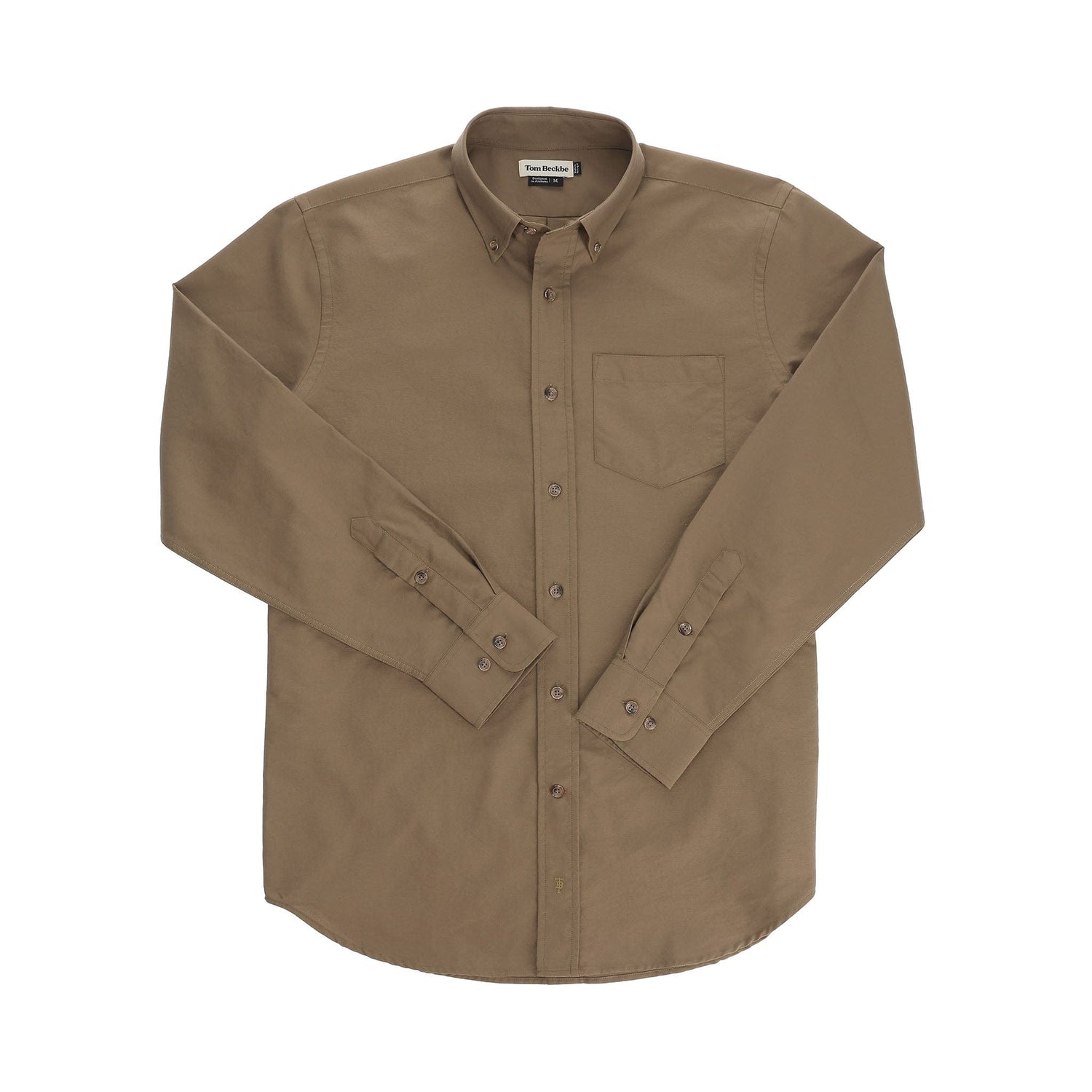 The Culver Oxford Shirt by Tom Beckbe is khaki, 100% cotton with a collar and chest pocket, laid flat on a white background.