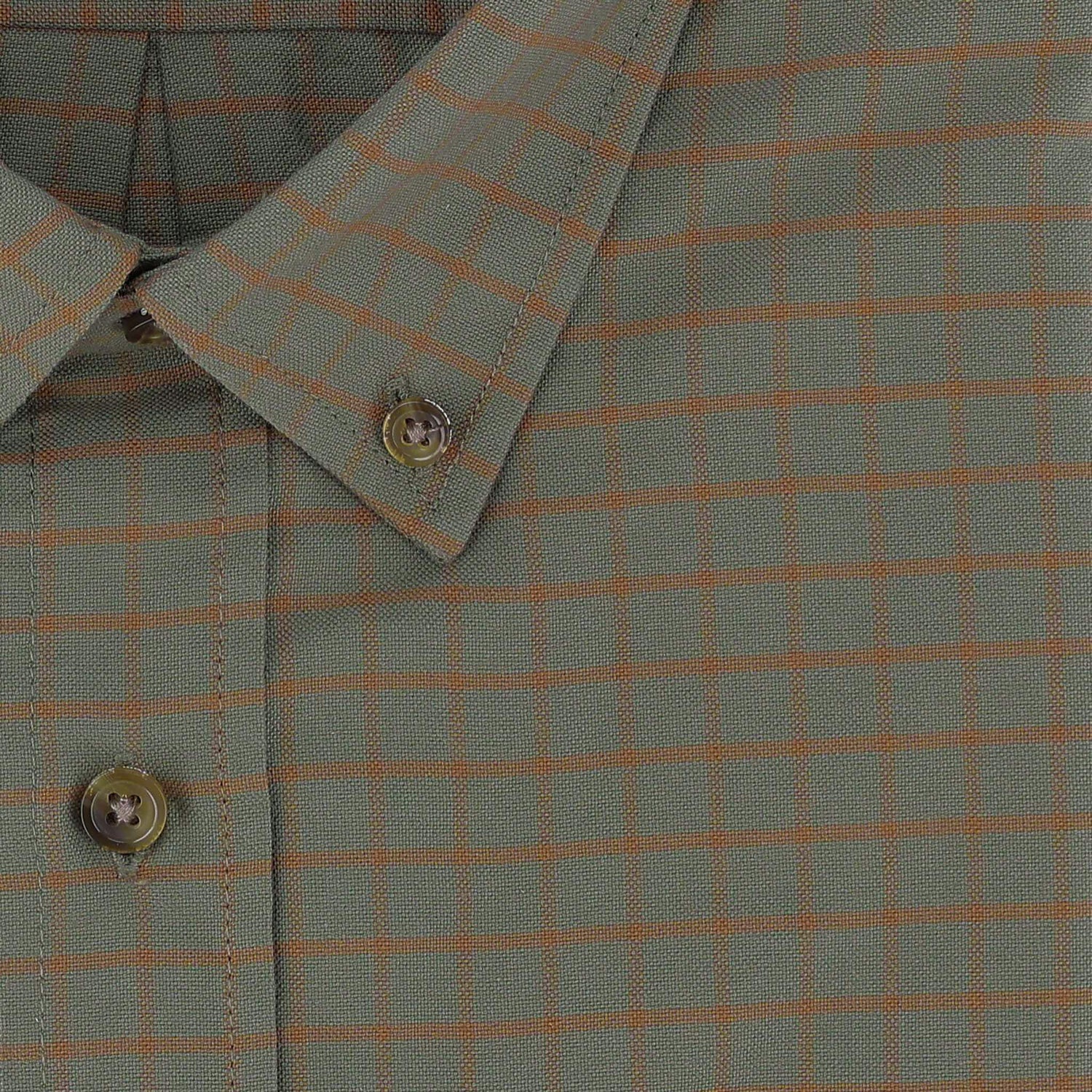 Close-up of the Tom Beckbe Culver Oxford Shirt in green cotton with an orange grid, showing buttons and collar detail.