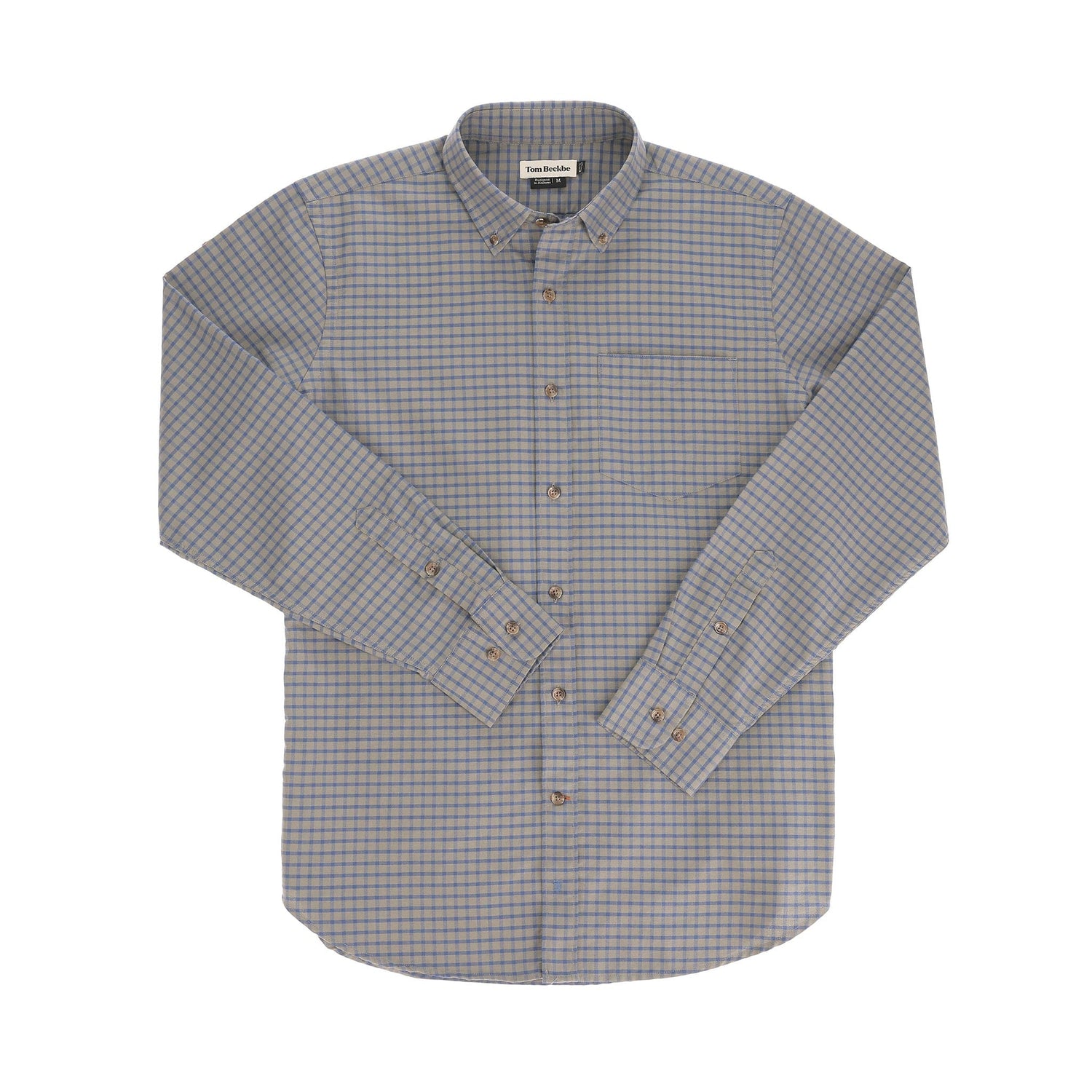 The Tom Beckbe Culver Oxford Shirt features a classic fit with blue and gray checks on breathable 100% cotton.