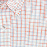Close-up of the Tom Beckbe Ensley Pinpoint Oxford Shirt in a blue, orange, and white plaid pattern.
