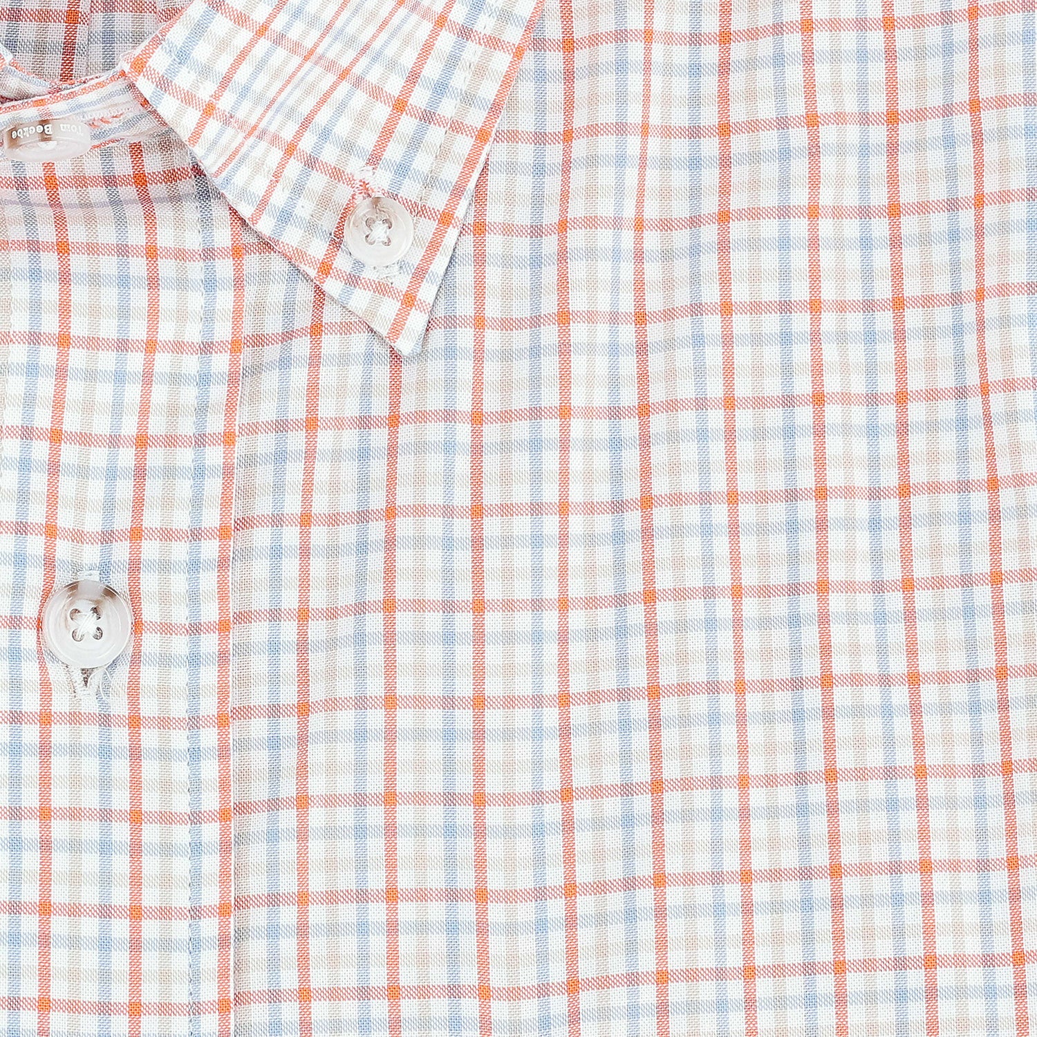 Close-up of the Tom Beckbe Ensley Pinpoint Oxford Shirt in a blue, orange, and white plaid pattern.